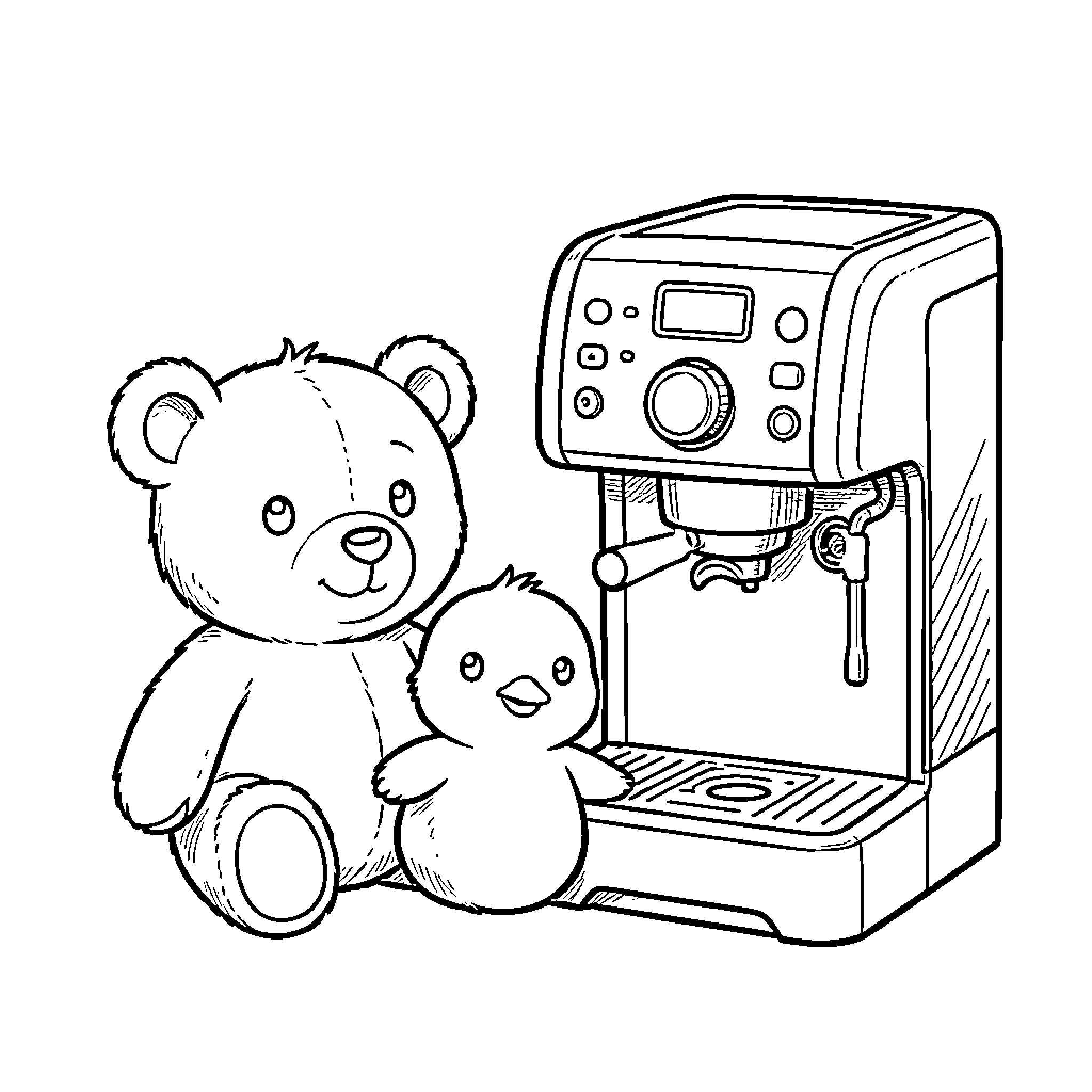 Pollito's Coffee Break with Plush Companions Coloring Page (free black-and-white line drawing printable PDF for all, from beginners to advanced learners, including children, teens, adults, and seniors)