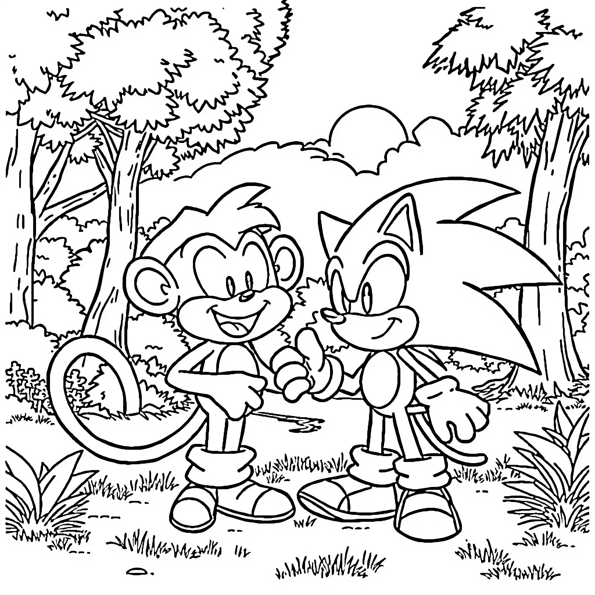Luffy and Sonic's Adventurous Encounter in the Enchanted Forest Coloring Page (free black-and-white line drawing printable PDF for all, from beginners to advanced learners, including children, teens, adults, and seniors)