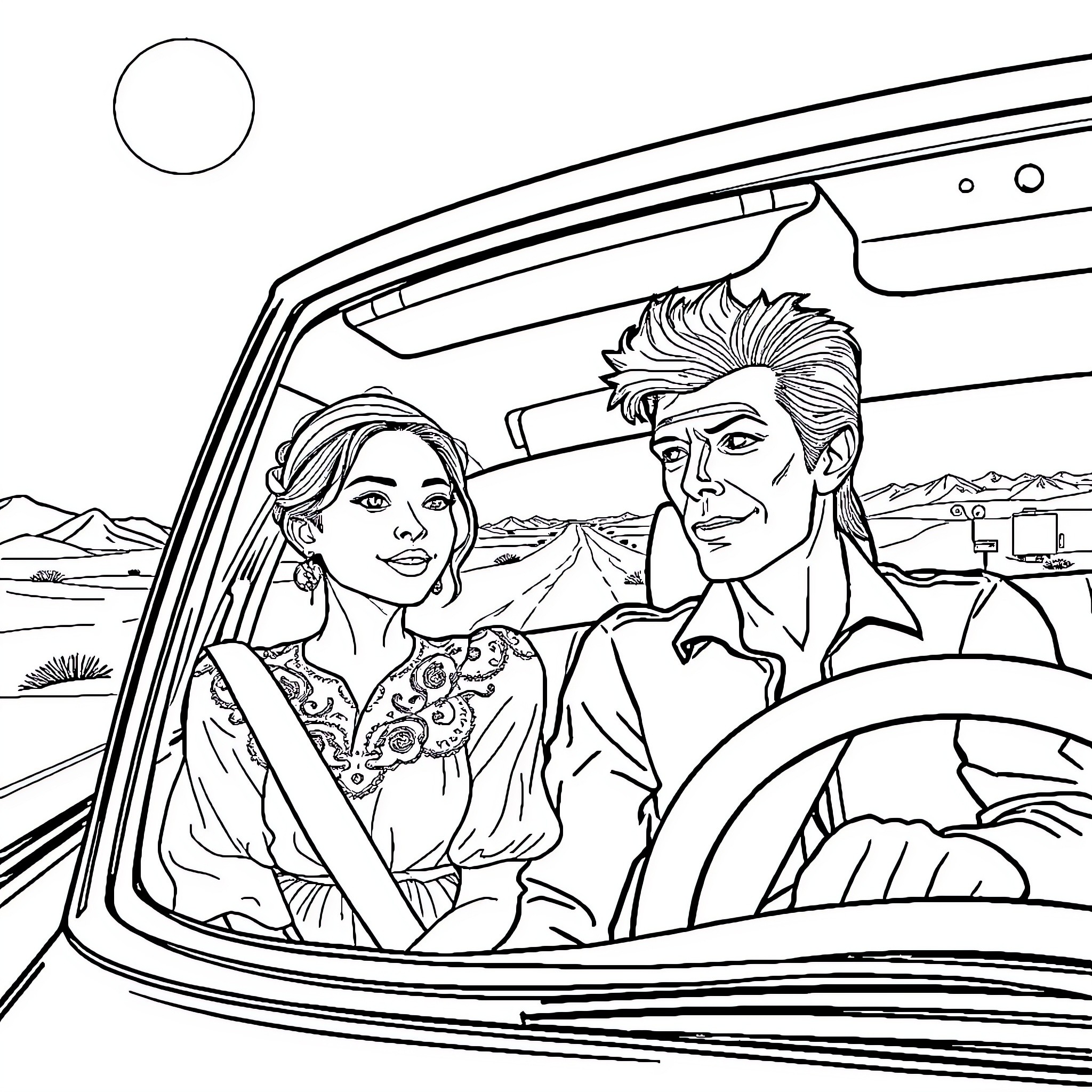 David Bowie and Companion in Convertible Car Coloring Page (free black-and-white line drawing printable PDF for all, from beginners to advanced learners, including children, teens, adults, and seniors)