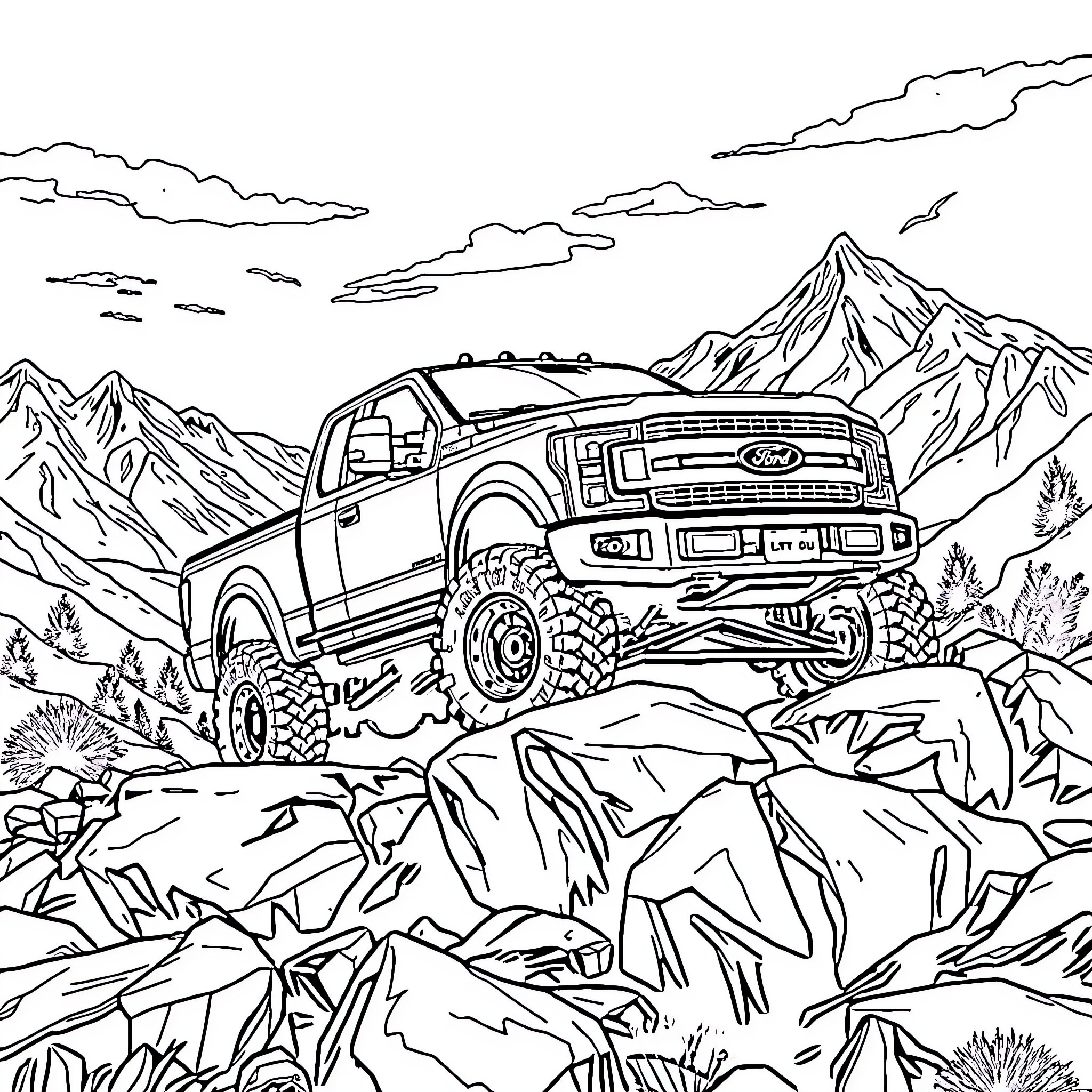 Truck traversing rugged mountain terrain Coloring Page (free black-and-white line drawing printable PDF for all, from beginners to advanced learners, including children, teens, adults, and seniors)