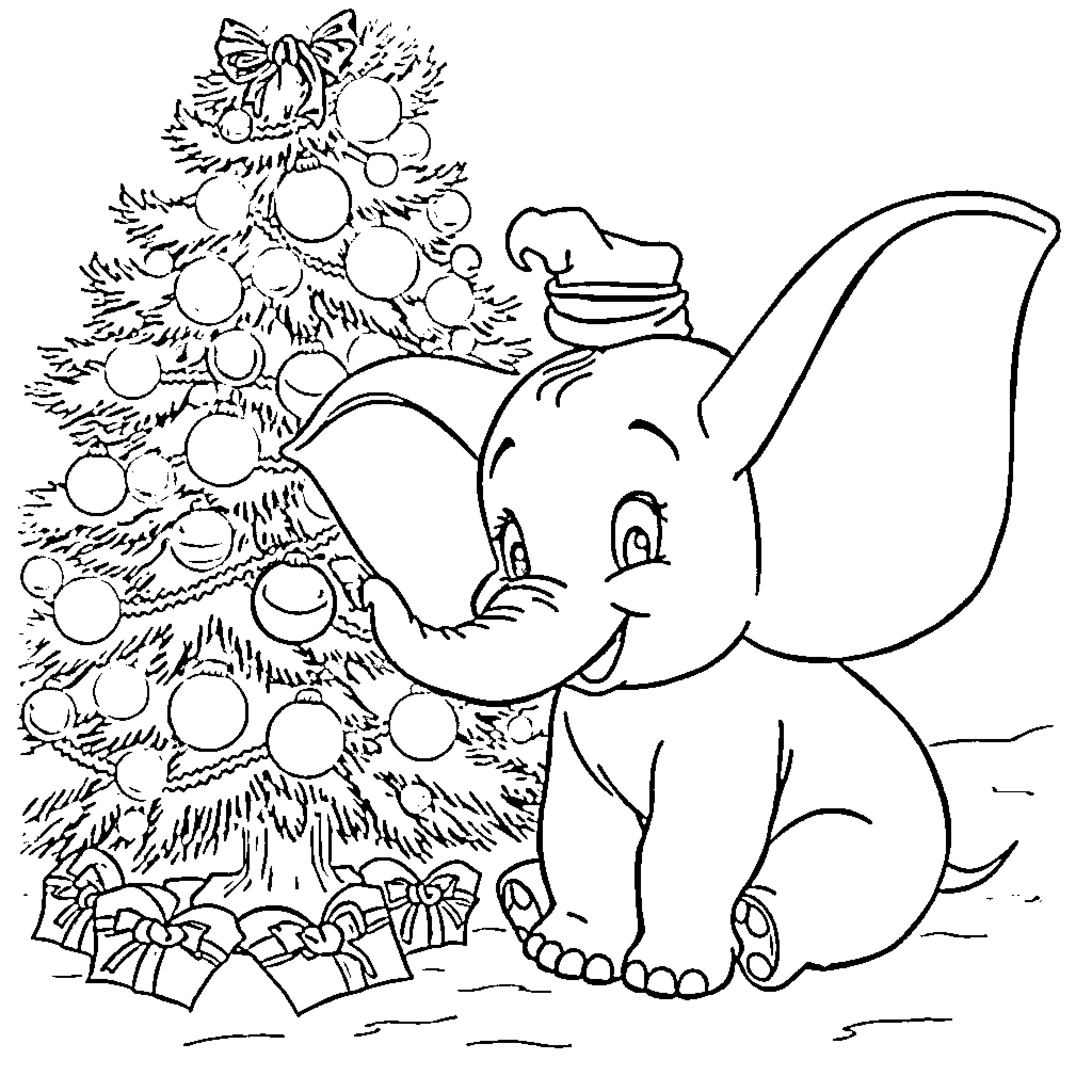 Dumbo Celebrates Christmas with Decorated Tree Coloring Page (free black-and-white line drawing printable PDF for all, from beginners to advanced learners, including children, teens, adults, and seniors)
