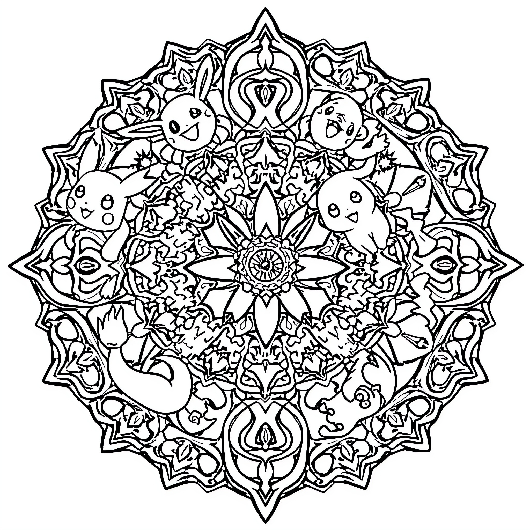 Pokémon Mandala with Whimsical Creatures Coloring Page (free black-and-white line drawing printable PDF for all, from beginners to advanced learners, including children, teens, adults, and seniors)