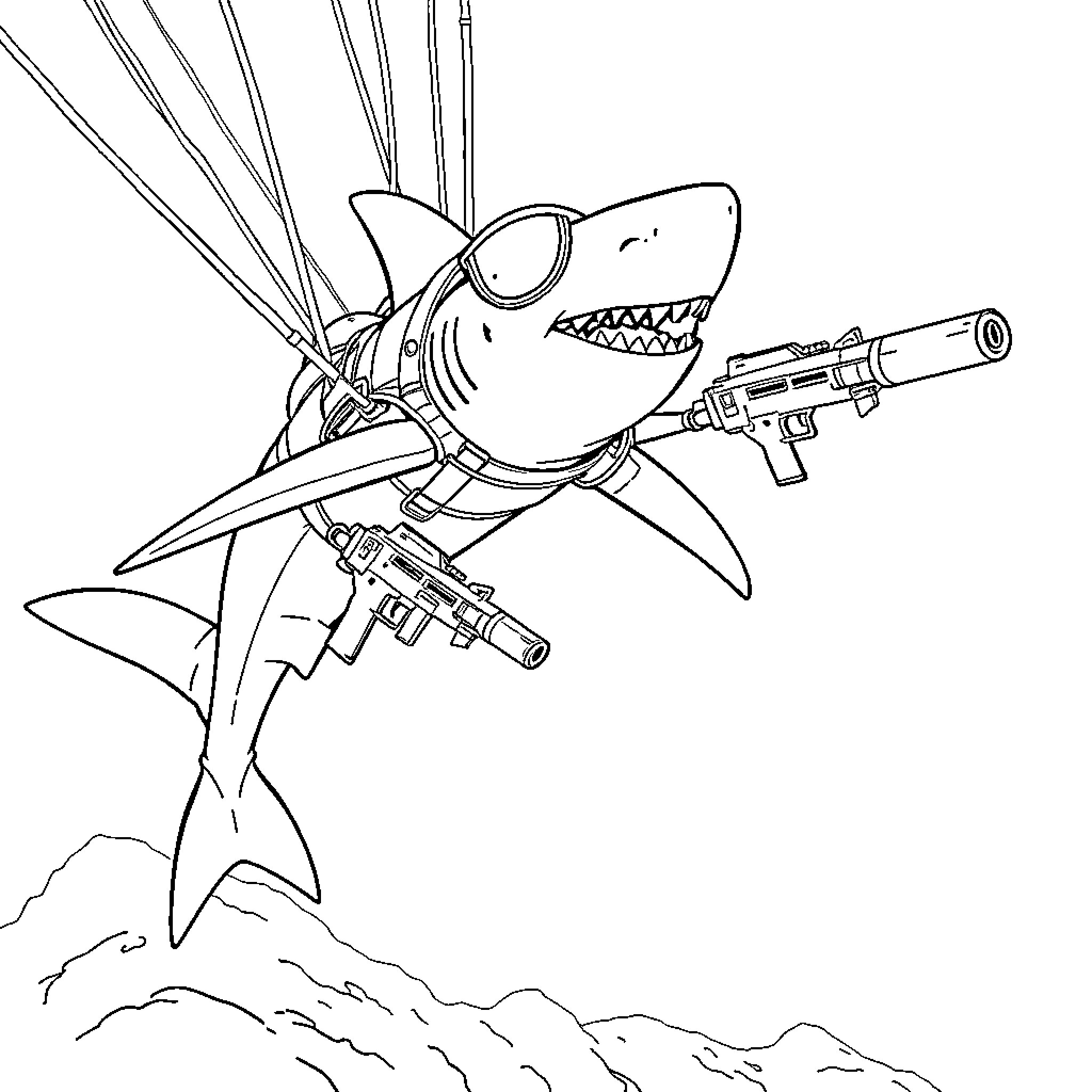 Shark wielding futuristic weapons Coloring Page (free black-and-white line drawing printable PDF for all, from beginners to advanced learners, including children, teens, adults, and seniors)