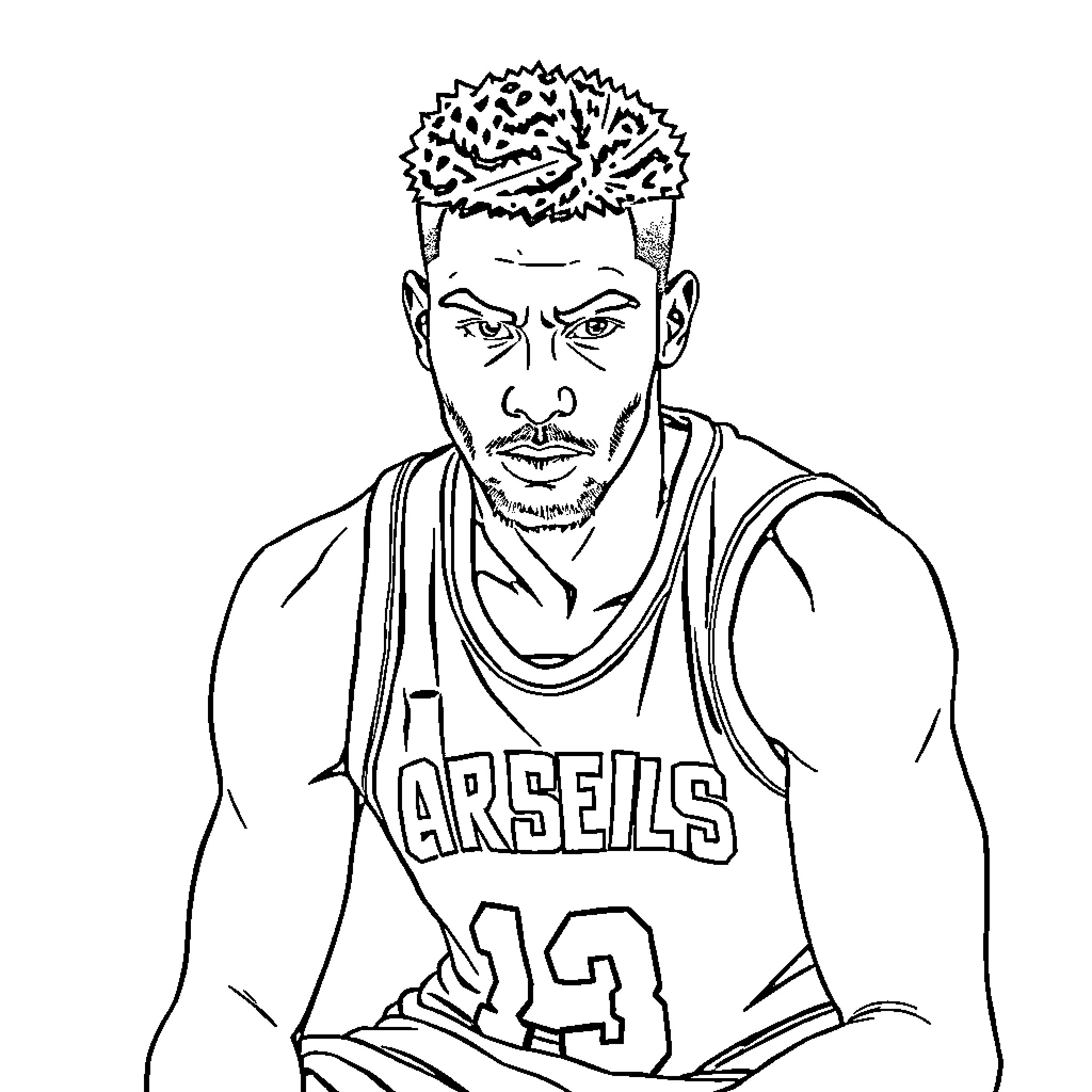 Jugador de Baloncesto con expresión seria y uniforme de equipo Coloring Page (free black-and-white line drawing printable PDF for all, from beginners to advanced learners, including children, teens, adults, and seniors)
