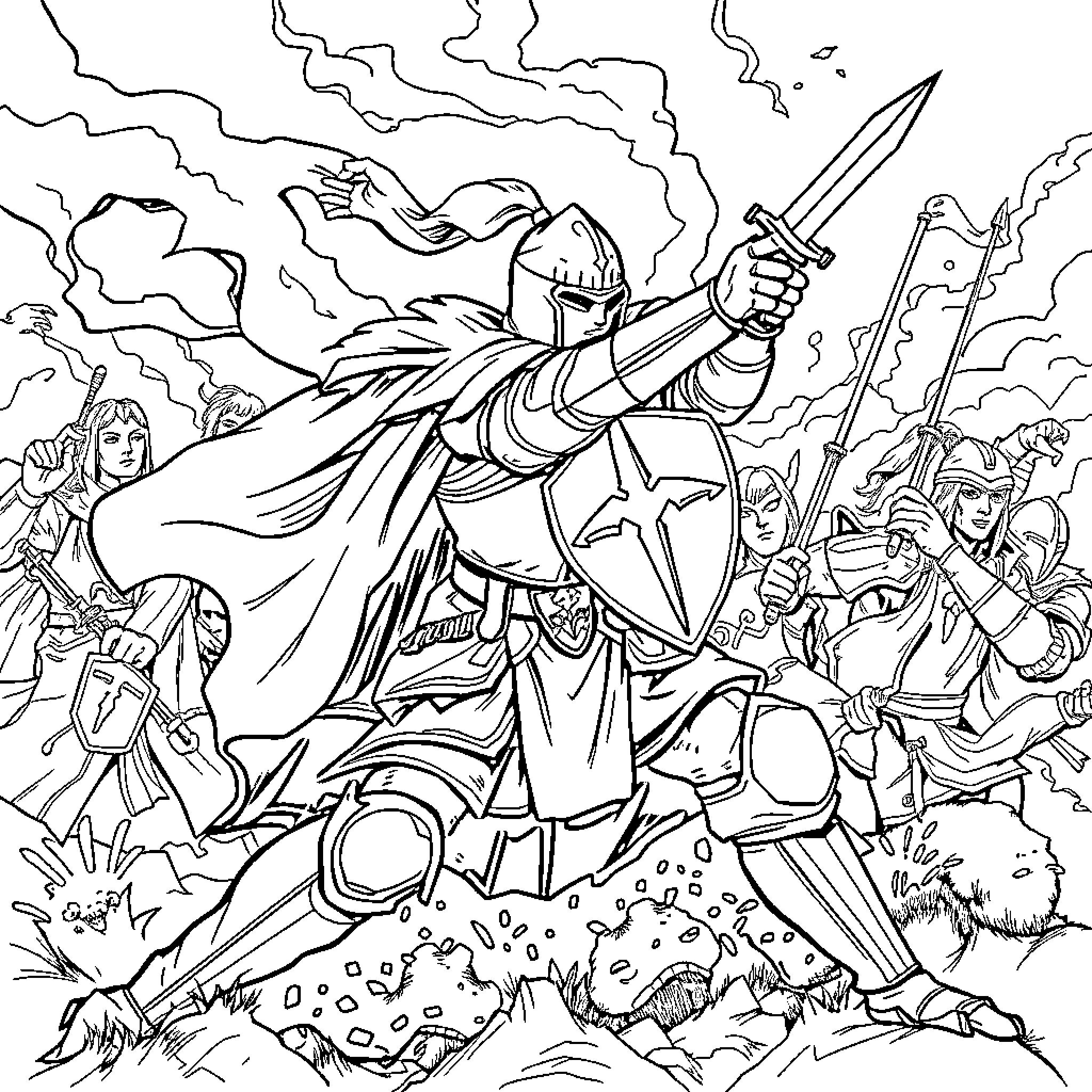 Knight Charging Bravely into Battle with Sword Drawn Coloring Page (free black-and-white line drawing printable PDF for all, from beginners to advanced learners, including children, teens, adults, and seniors)