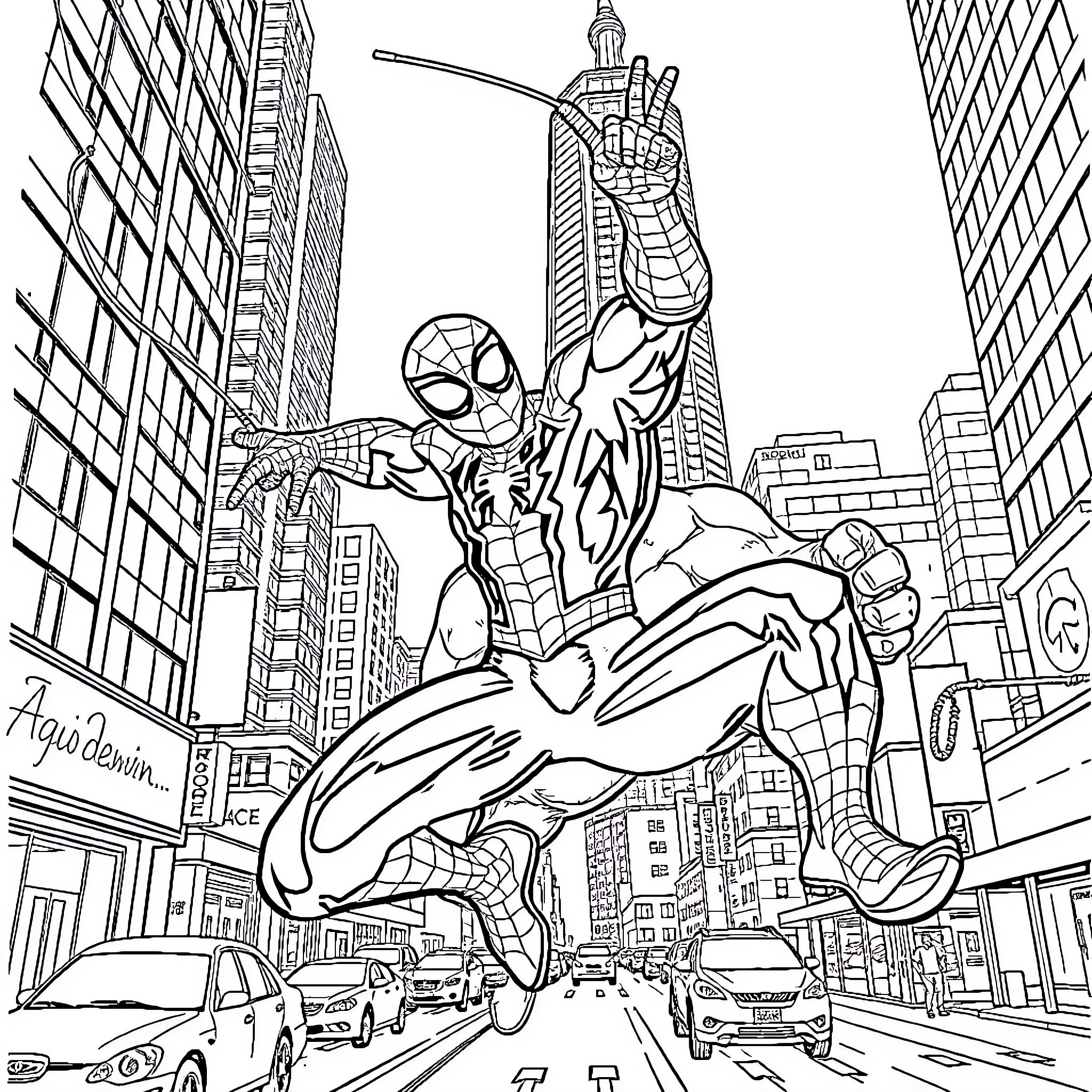 Spiderman swinging through the city skyline Coloring Page (free black-and-white line drawing printable PDF for all, from beginners to advanced learners, including children, teens, adults, and seniors)