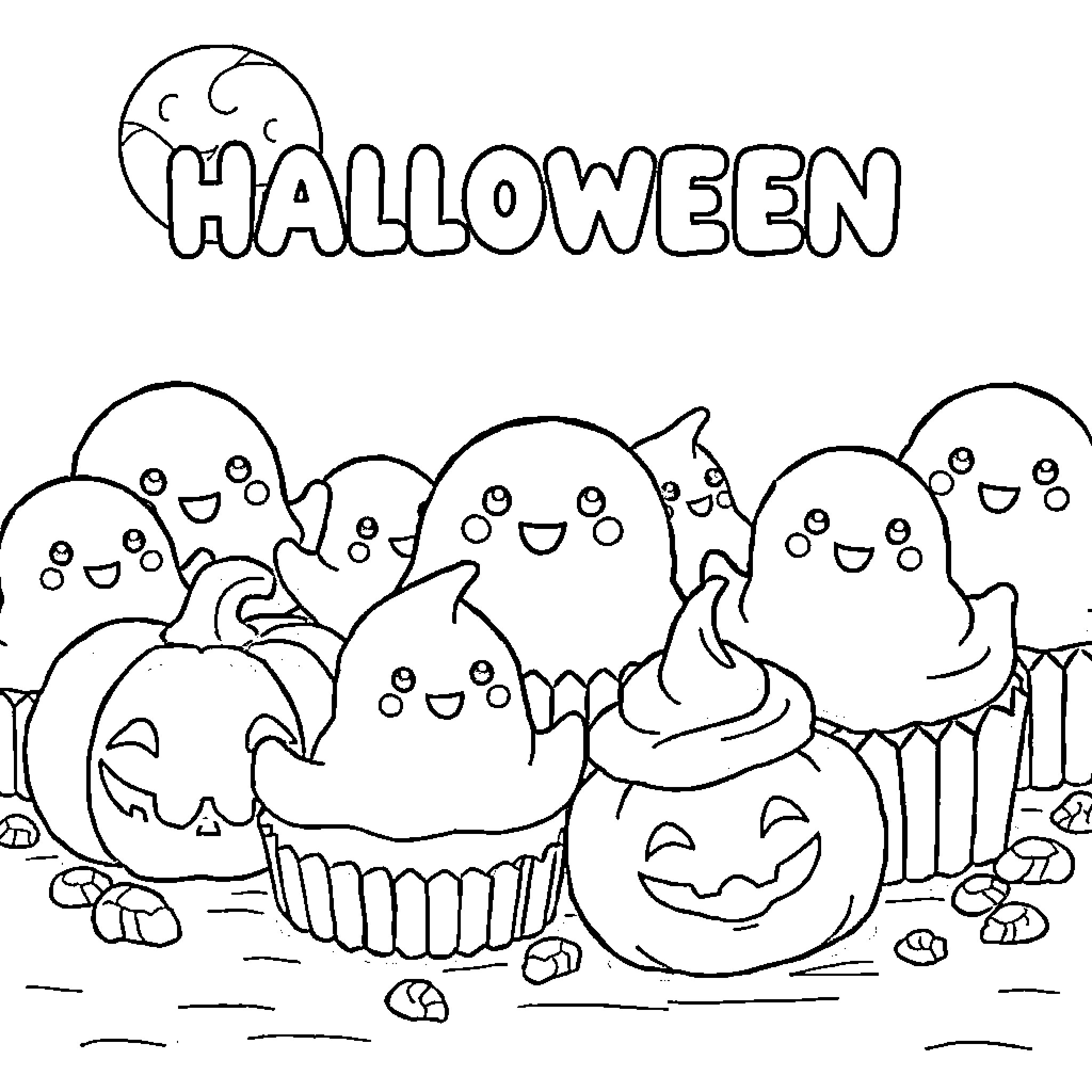 Food for a Spooky Halloween Celebration Coloring Page (free black-and-white line drawing printable PDF for all, from beginners to advanced learners, including children, teens, adults, and seniors)