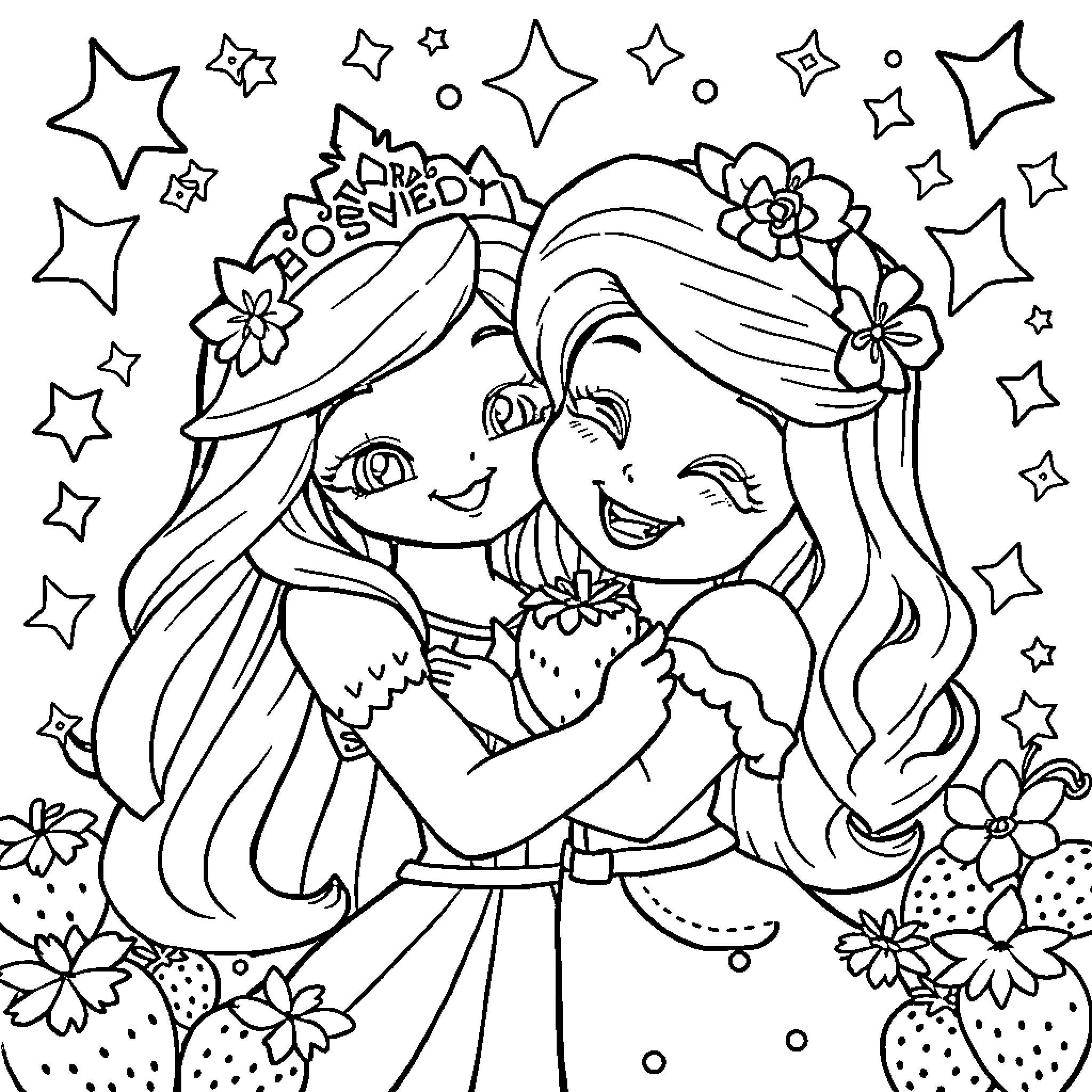 Rainbow Brite playing with strawberries and flowers Coloring Page (free black-and-white line drawing printable PDF for all, from beginners to advanced learners, including children, teens, adults, and seniors)