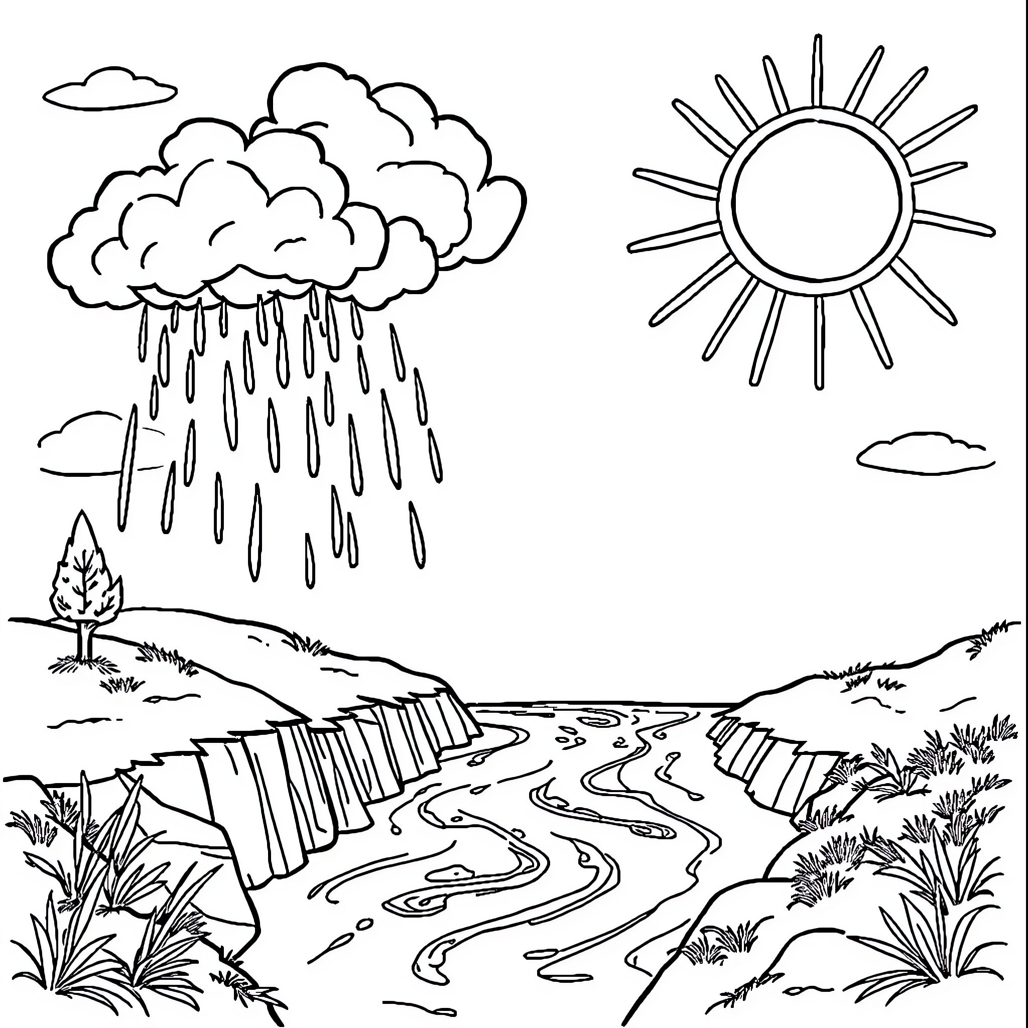 Water Cycle Illustrations: Rainy Clouds, Sunny Sky, and Flowing River Coloring Page (free black-and-white line drawing printable PDF for all, from beginners to advanced learners, including children, teens, adults, and seniors)