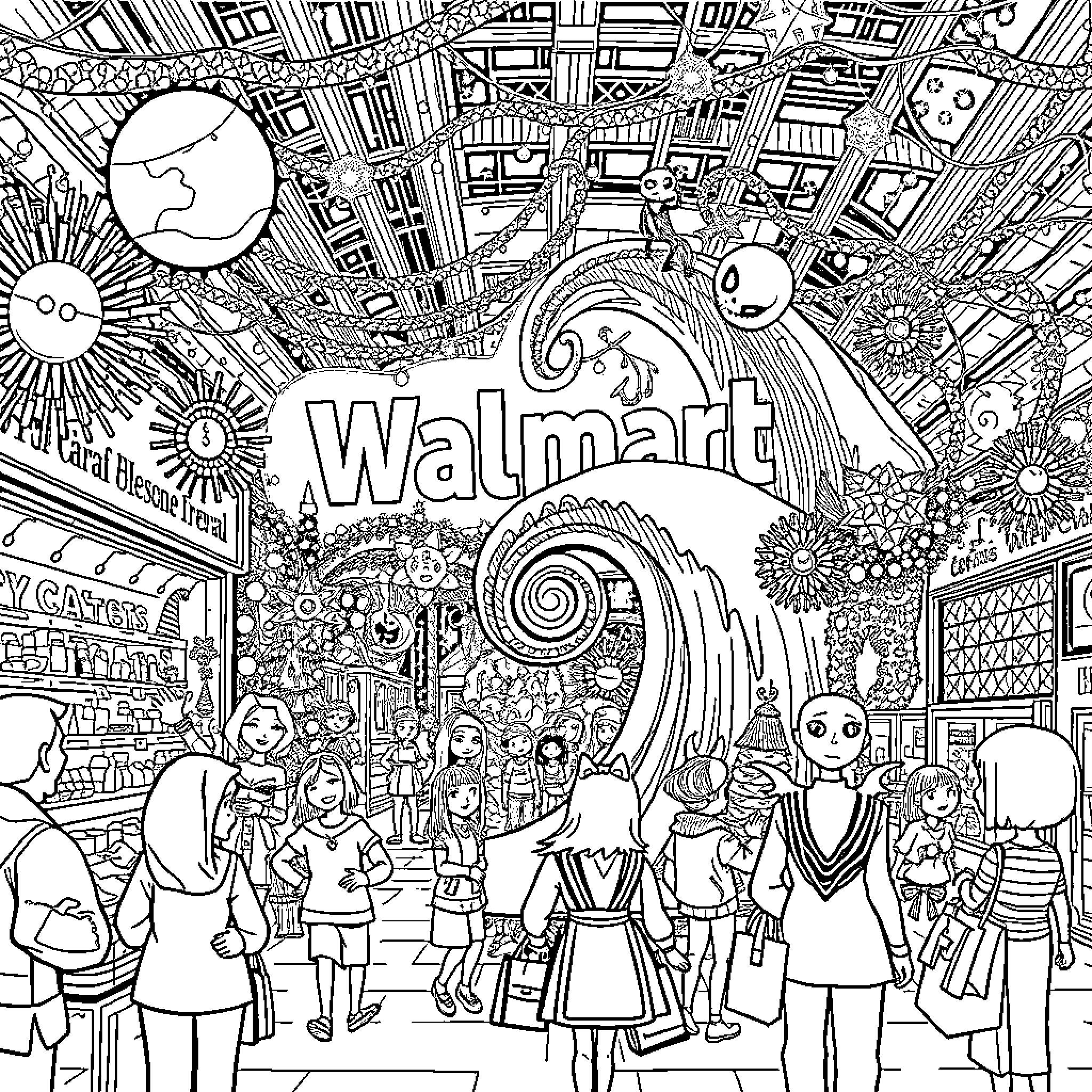 Nightmare Before Christmas at Walmart: A Whimsical Retail Adventure Coloring Page (free black-and-white line drawing printable PDF for all, from beginners to advanced learners, including children, teens, adults, and seniors)