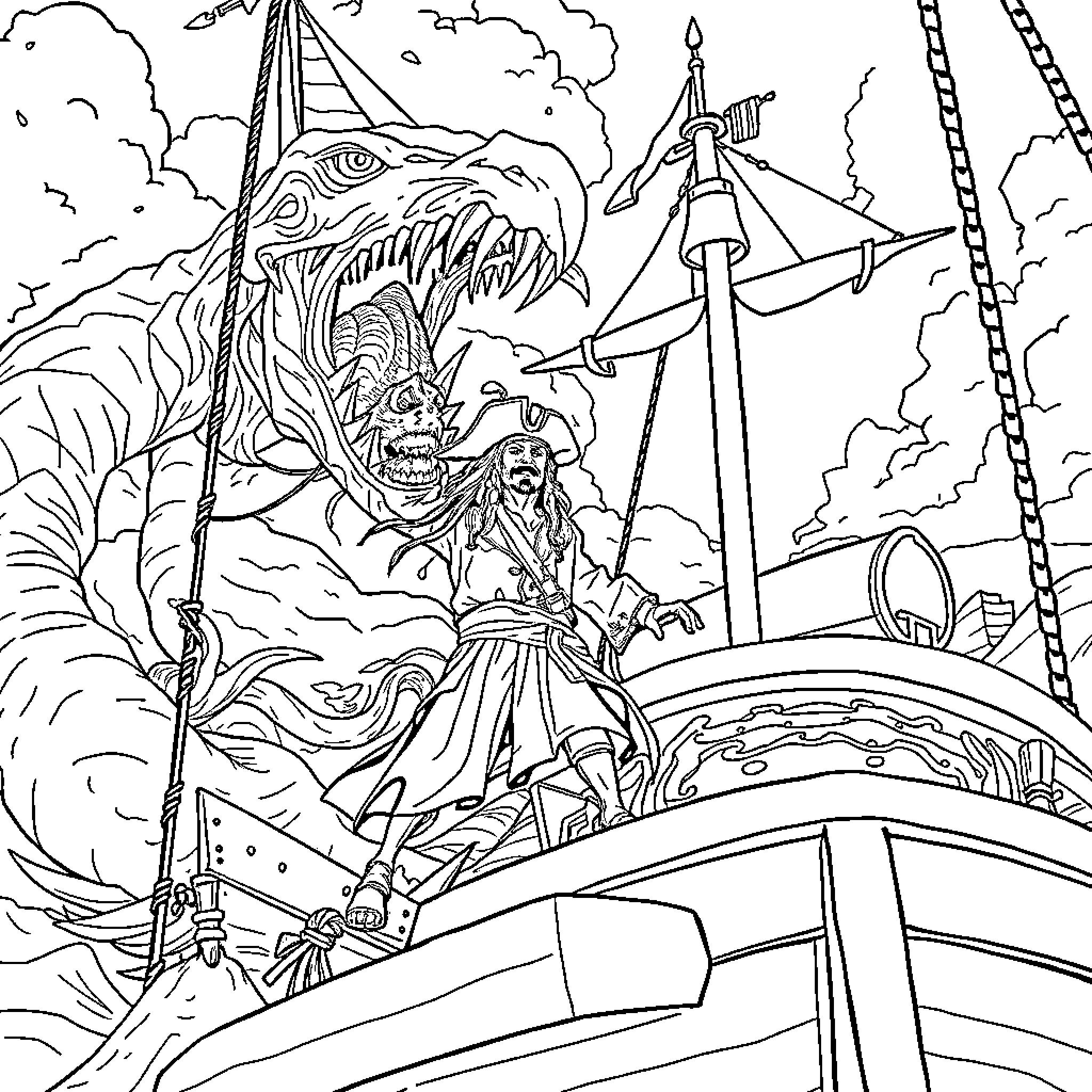 Jack Sparrow battles fearsome sea monster on pirate ship Coloring Page (free black-and-white line drawing printable PDF for all, from beginners to advanced learners, including children, teens, adults, and seniors)