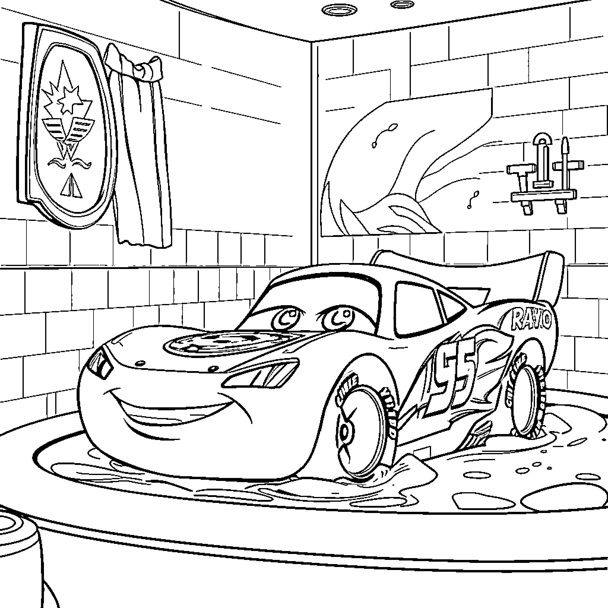 Rayo McQueen in a car wash Coloring Page (free black-and-white line drawing printable PDF for all, from beginners to advanced learners, including children, teens, adults, and seniors)