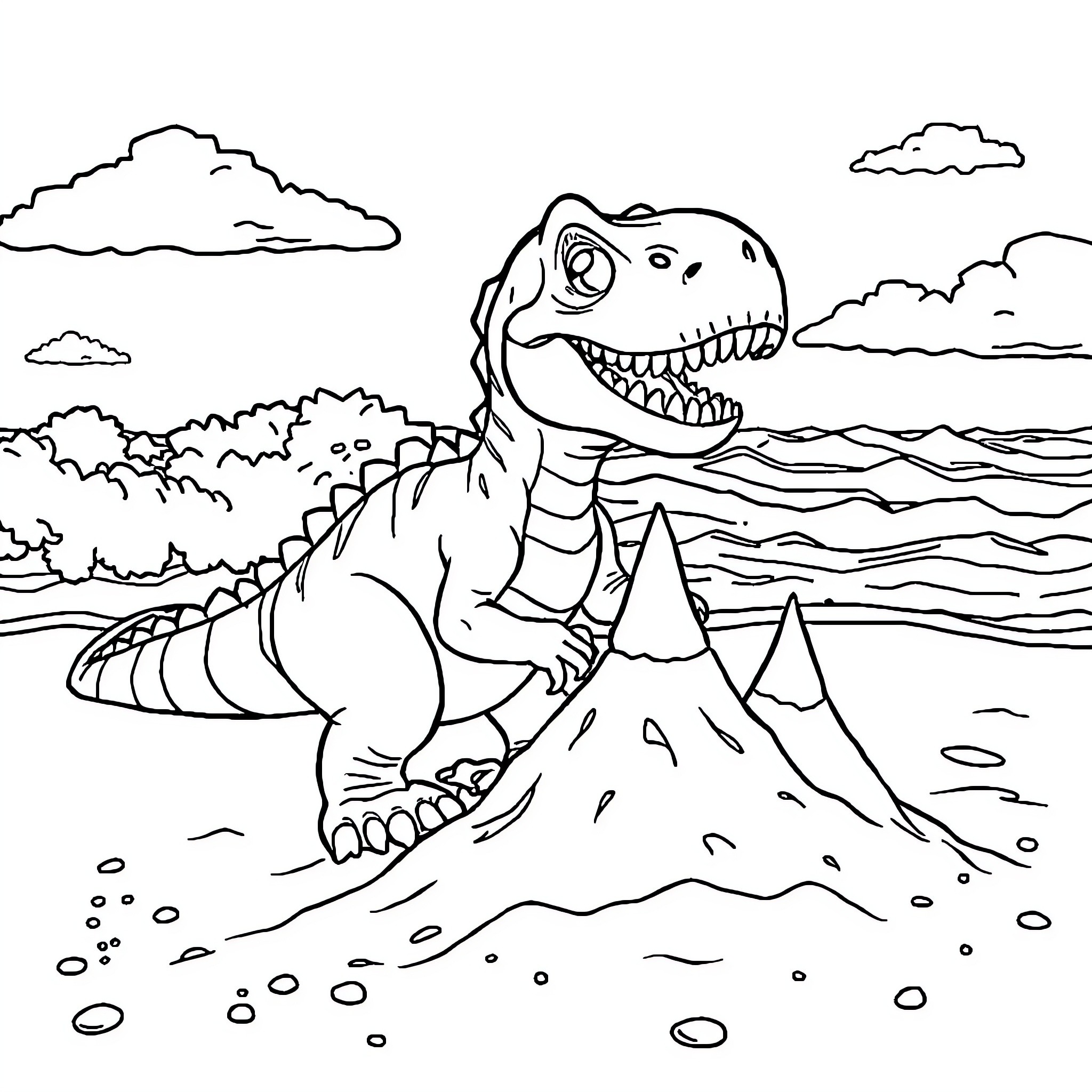 Dino exploring the prehistoric landscape Coloring Page (free black-and-white line drawing printable PDF for all, from beginners to advanced learners, including children, teens, adults, and seniors)