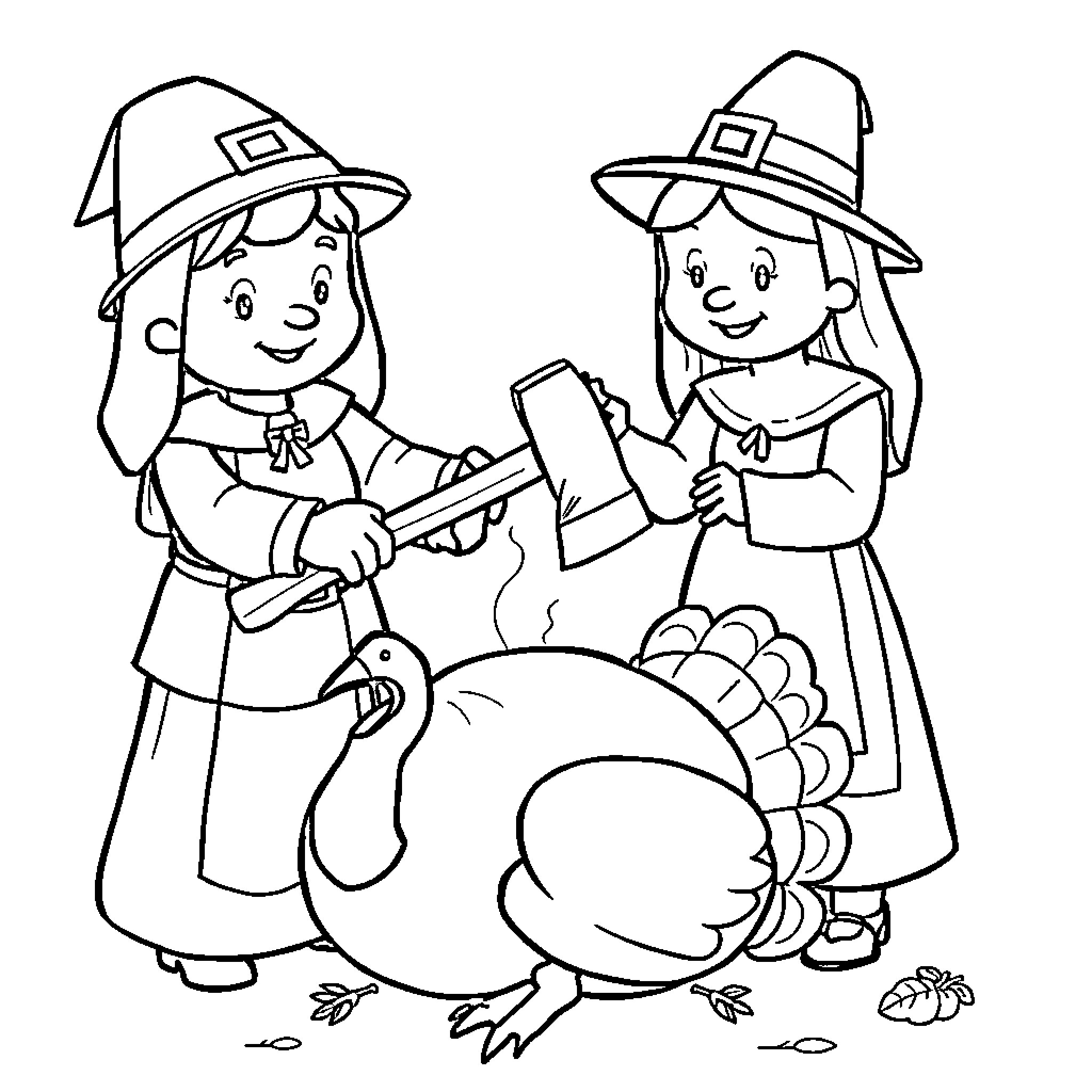 Pilgrim Children Celebrating Thanksgiving with Turkey Coloring Page (free black-and-white line drawing printable PDF for all, from beginners to advanced learners, including children, teens, adults, and seniors)
