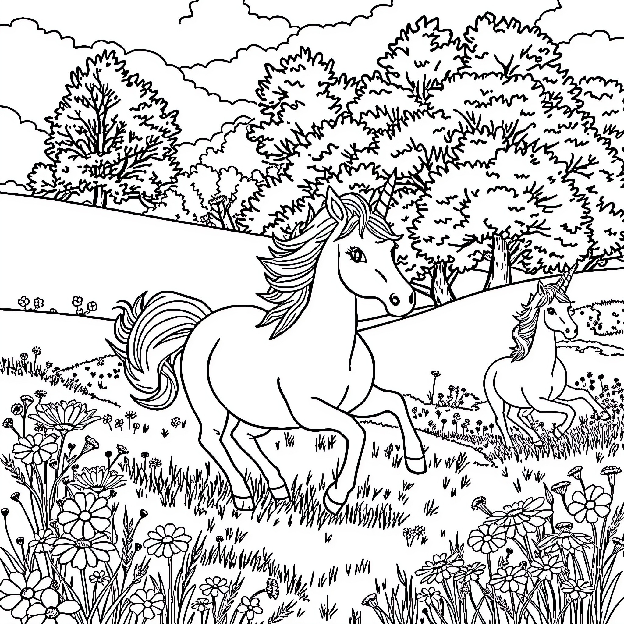 Unicorn playing in a magical forest Coloring Page (free black-and-white line drawing printable PDF for all, from beginners to advanced learners, including children, teens, adults, and seniors)