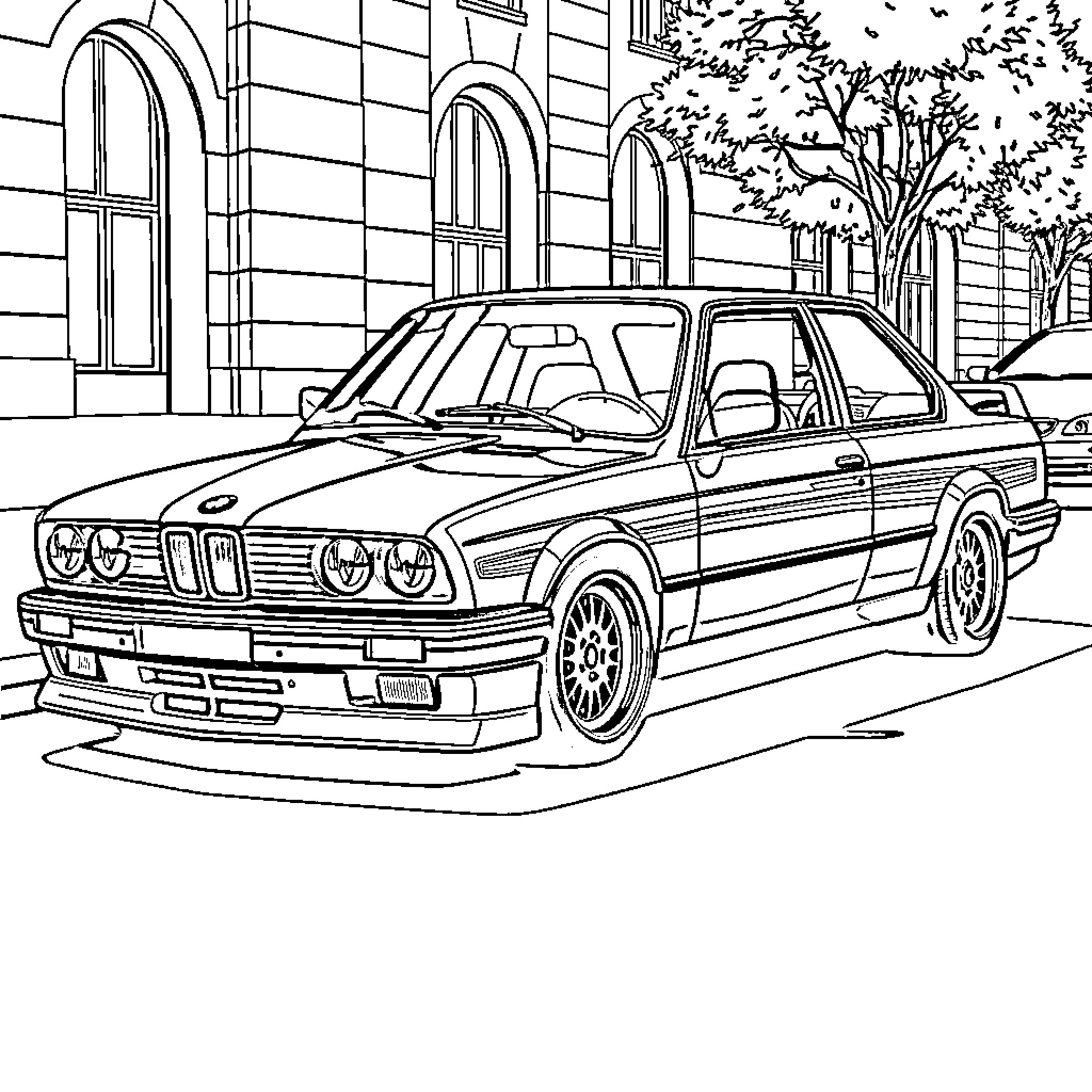 Bmw E30 sports car parked on city street Coloring Page (free black-and-white line drawing printable PDF for all, from beginners to advanced learners, including children, teens, adults, and seniors)