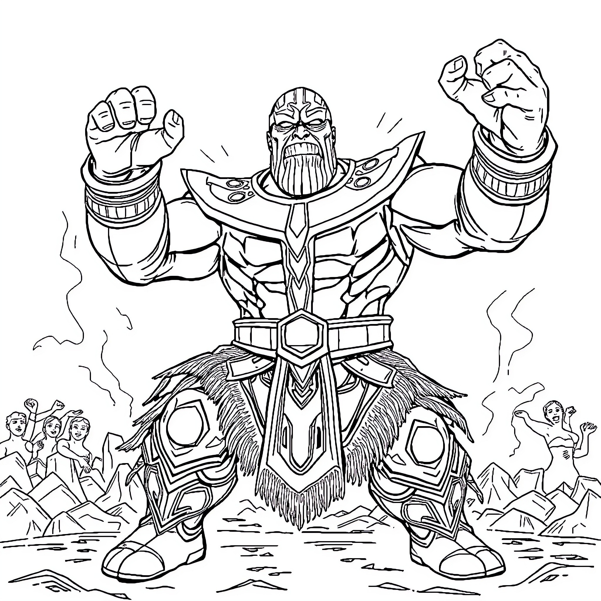Thanos' Powerful Pose Amid Chaos Coloring Page (free black-and-white line drawing printable PDF for all, from beginners to advanced learners, including children, teens, adults, and seniors)