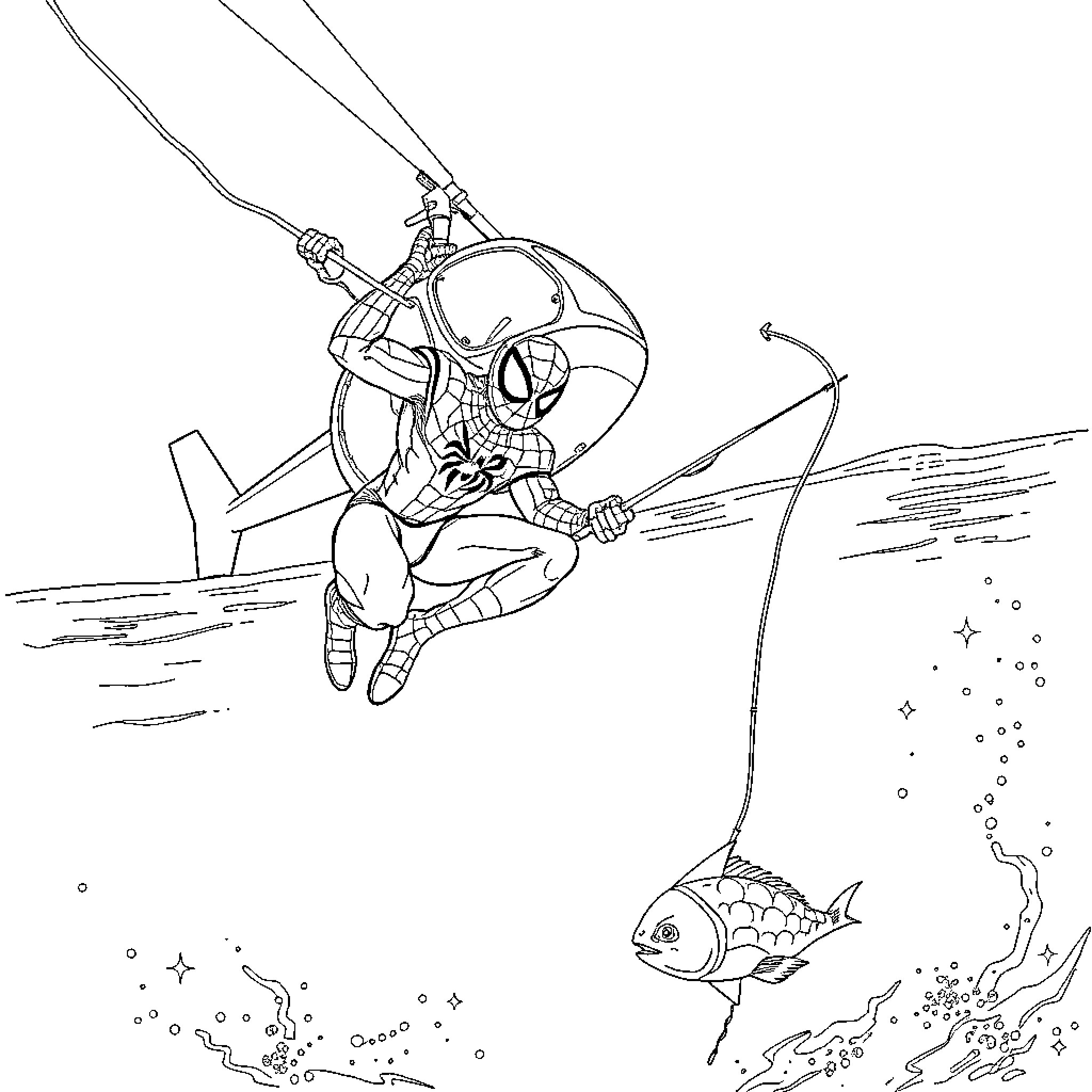 Spiderman fishing underwater with a helicopter Coloring Page (free black-and-white line drawing printable PDF for all, from beginners to advanced learners, including children, teens, adults, and seniors)