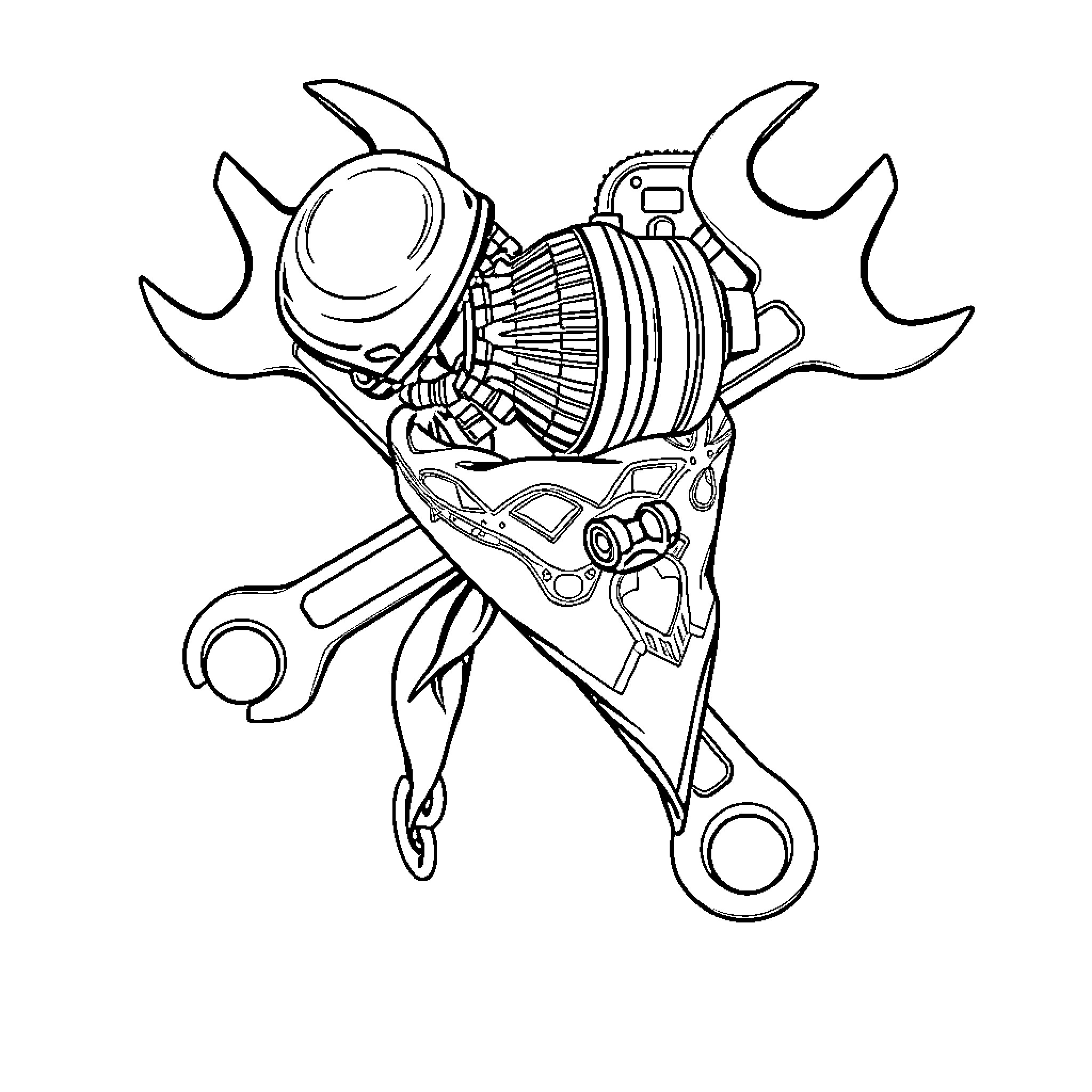 Wrench and gear tools in a mechanical design Coloring Page (free black-and-white line drawing printable PDF for all, from beginners to advanced learners, including children, teens, adults, and seniors)