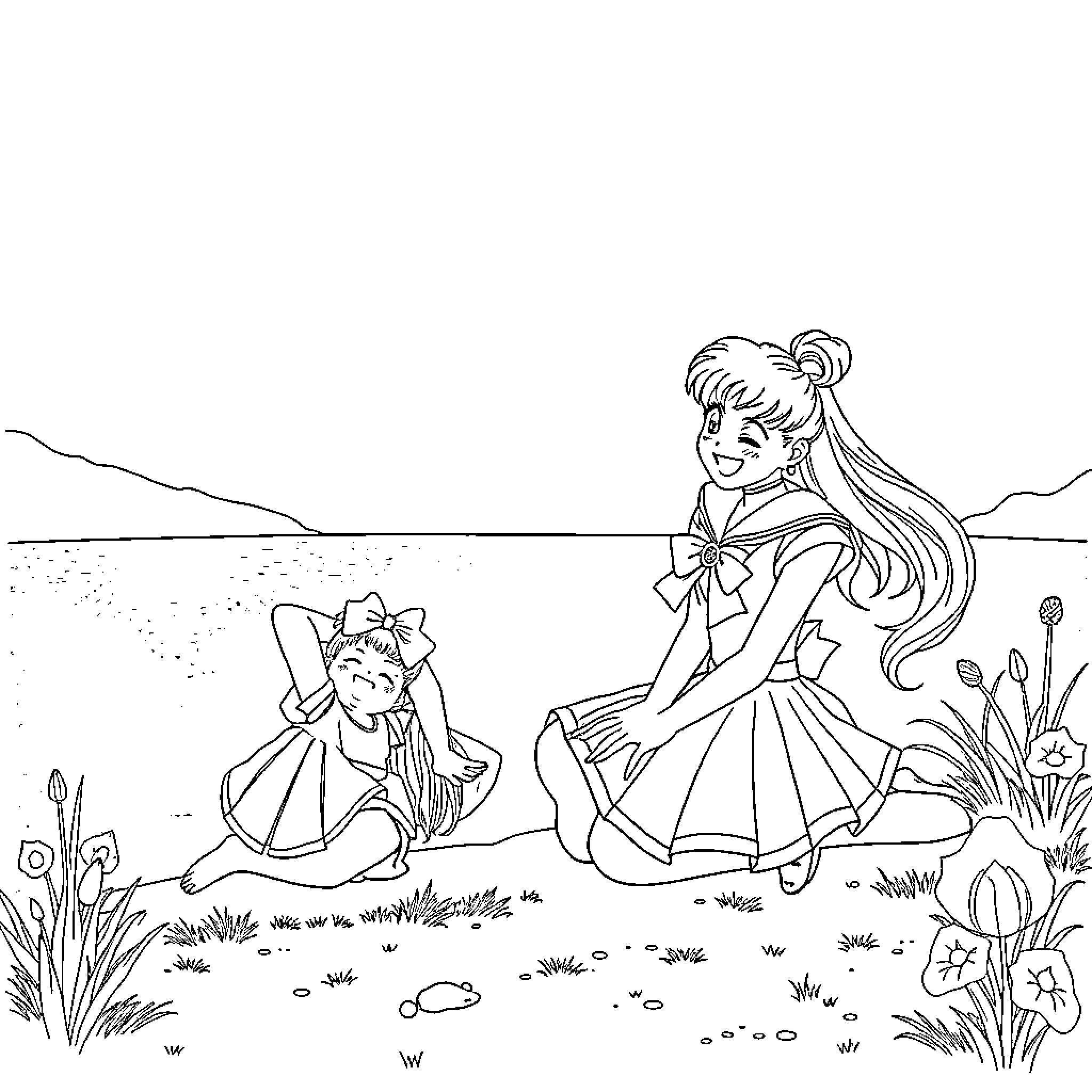 Sailor Moon characters enjoying nature together Coloring Page (free black-and-white line drawing printable PDF for all, from beginners to advanced learners, including children, teens, adults, and seniors)