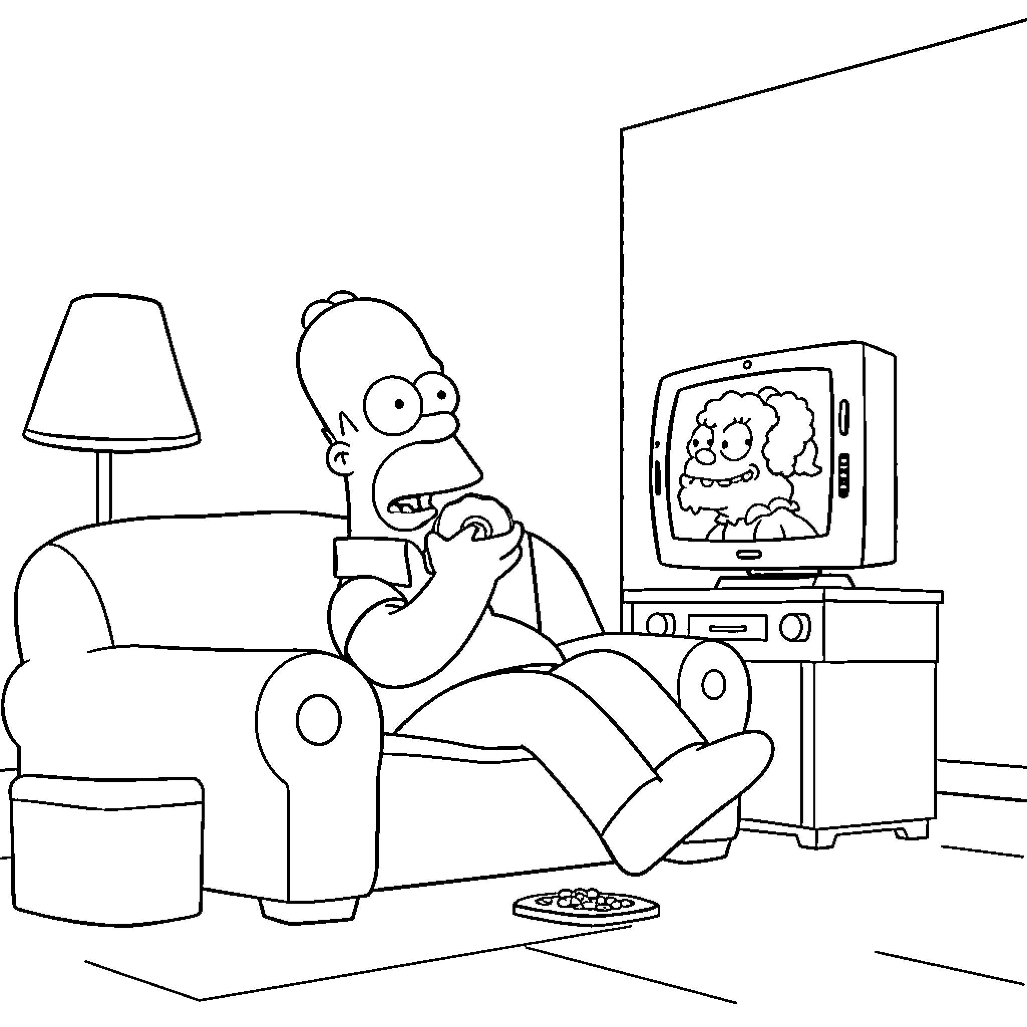 Homer enjoying TV in his living room Coloring Page (free black-and-white line drawing printable PDF for all, from beginners to advanced learners, including children, teens, adults, and seniors)