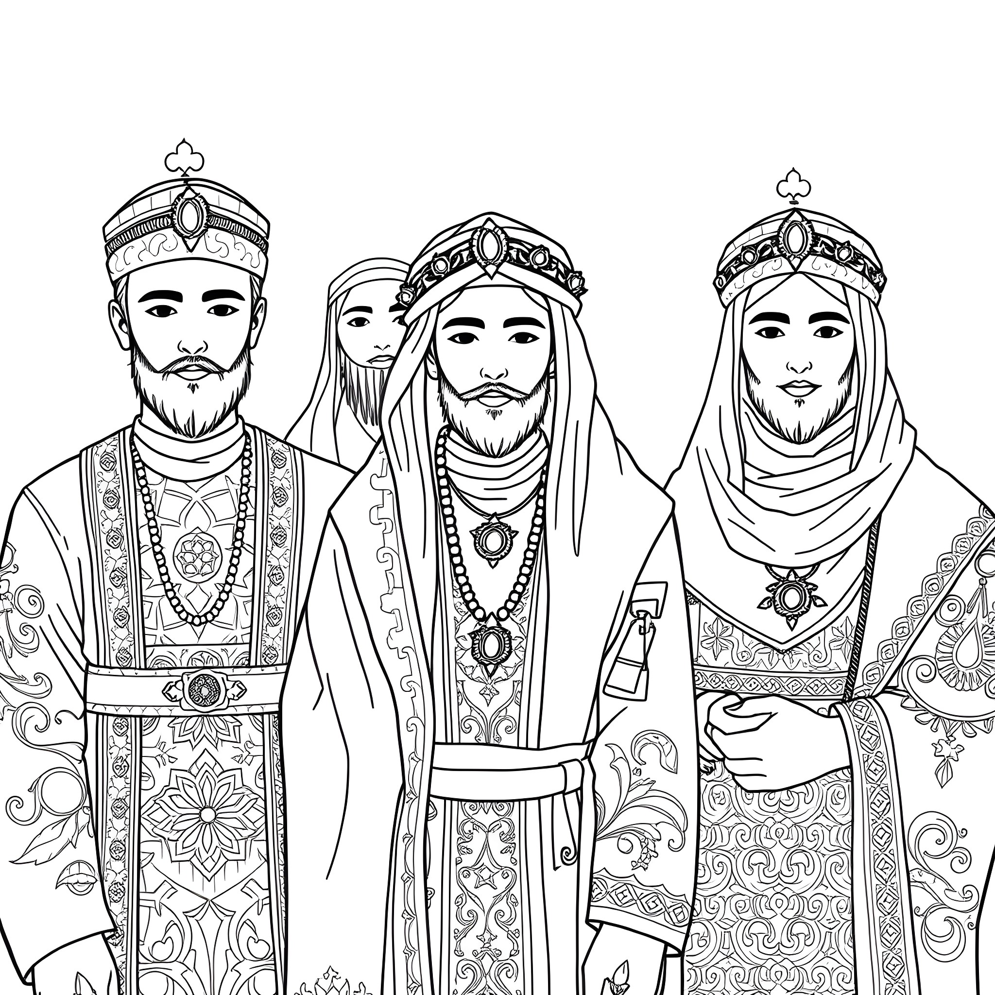 People in traditional Middle Eastern clothing Coloring Page (free black-and-white line drawing printable PDF for all, from beginners to advanced learners, including children, teens, adults, and seniors)
