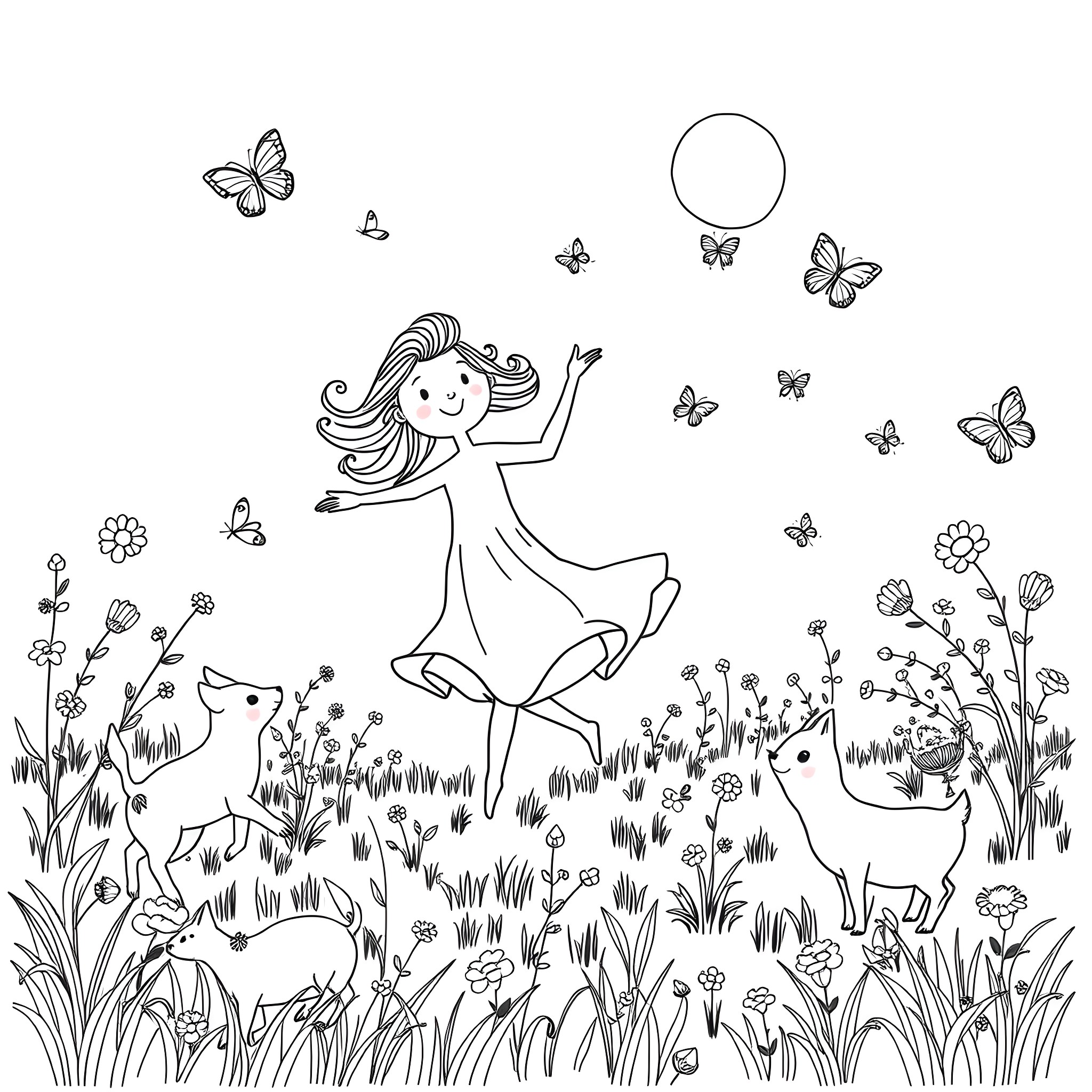 Lalalalalala girl dancing happily with butterflies in the meadow Coloring Page (free black-and-white line drawing printable PDF for all, from beginners to advanced learners, including children, teens, adults, and seniors)