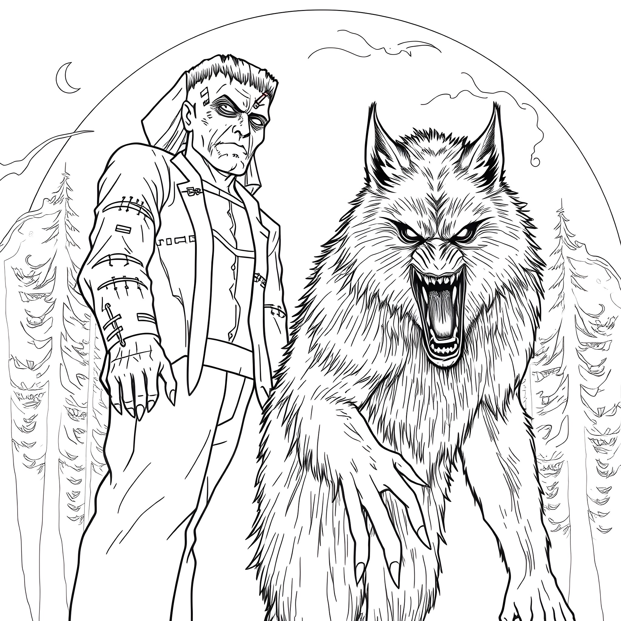 Frankenstein and his ferocious werewolf companion in the moonlit forest Coloring Page (free black-and-white line drawing printable PDF for all, from beginners to advanced learners, including children, teens, adults, and seniors)