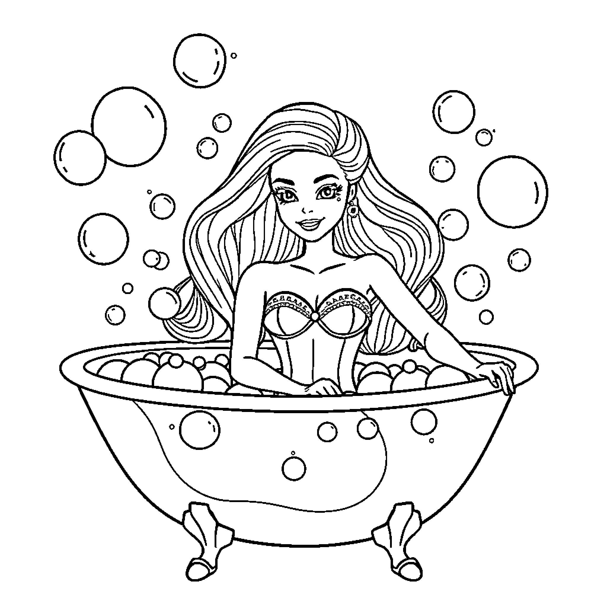 Barbie relaxing in a bubble bath Coloring Page (free black-and-white line drawing printable PDF for all, from beginners to advanced learners, including children, teens, adults, and seniors)