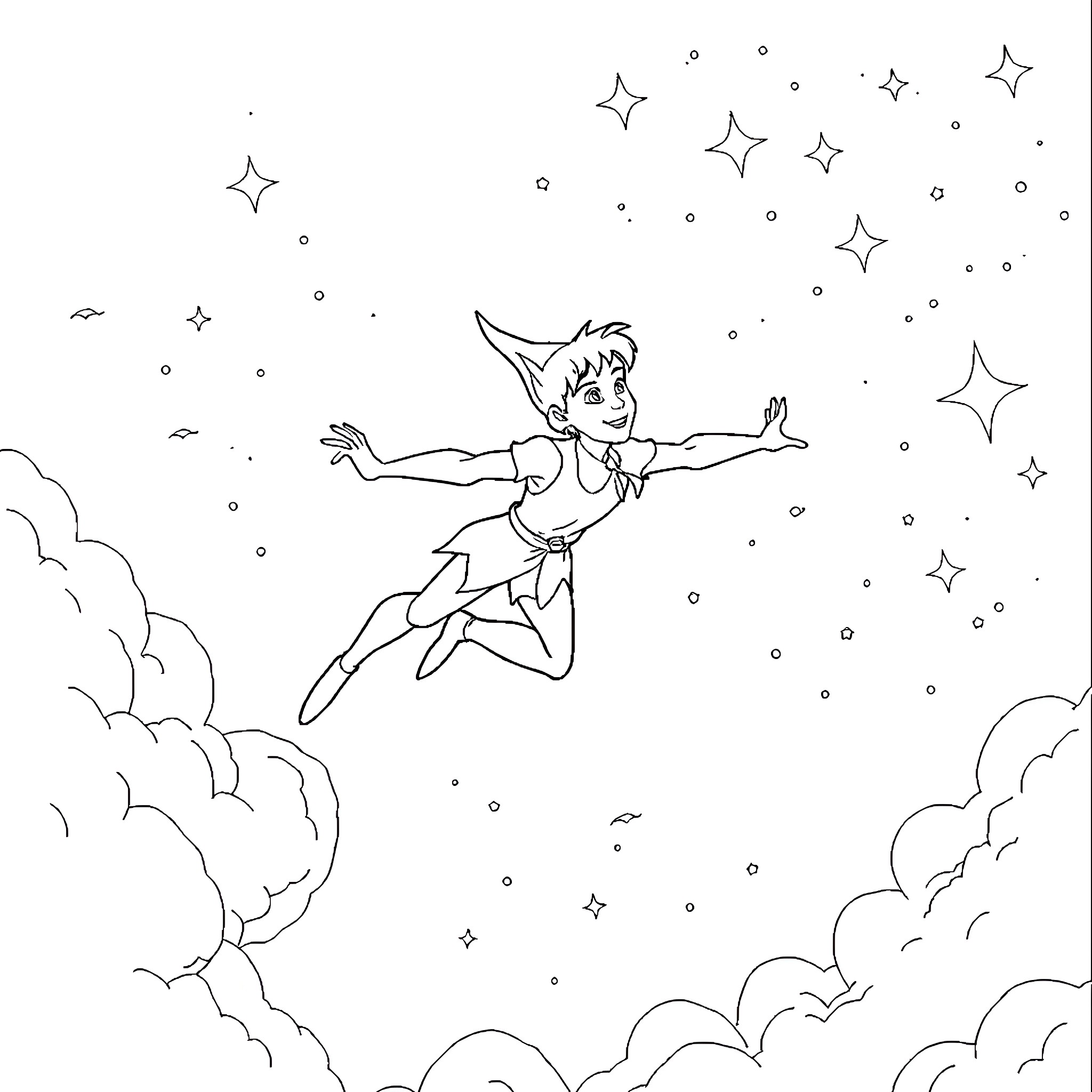 Peter Pan flying among the stars and clouds Coloring Page (free black-and-white line drawing printable PDF for all, from beginners to advanced learners, including children, teens, adults, and seniors)