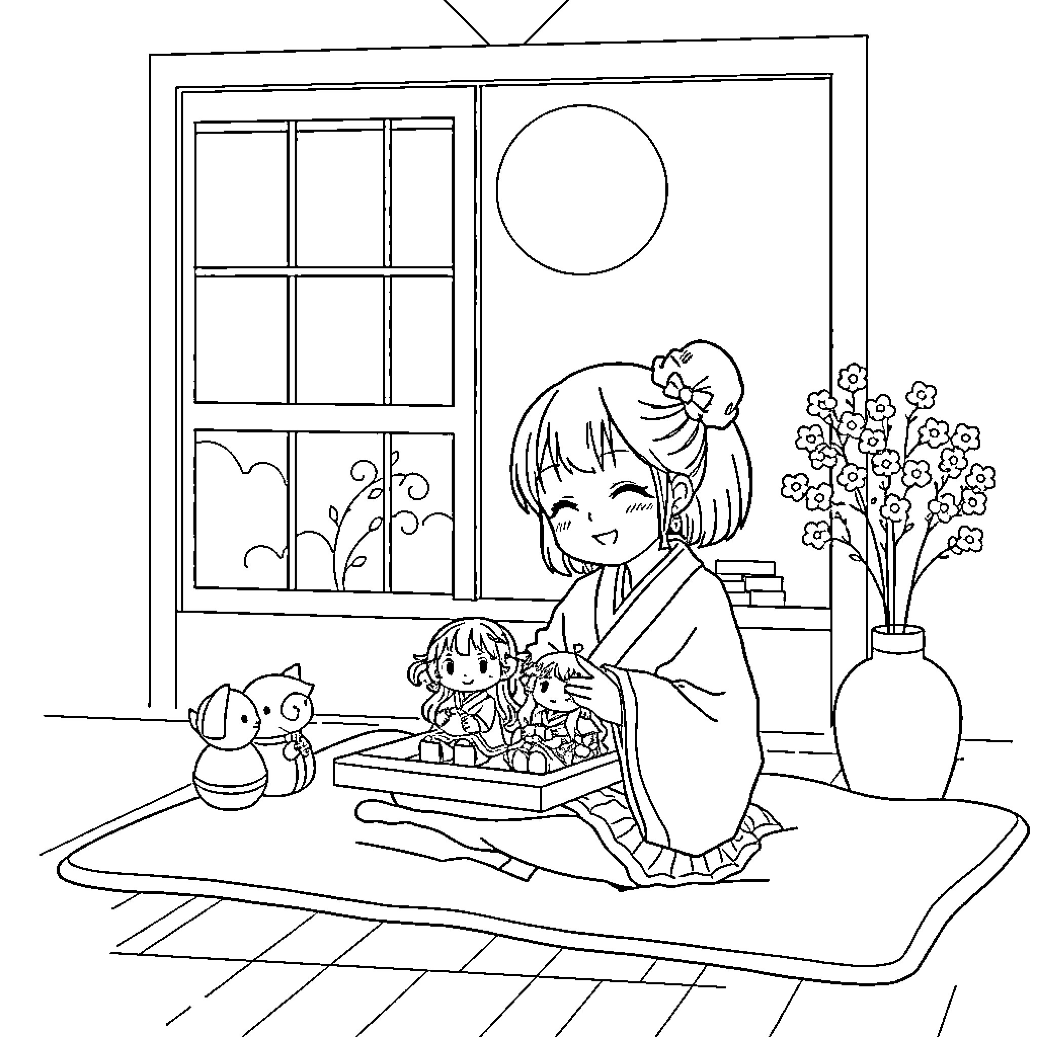 Nezuko playing with cute dolls by the window Coloring Page (free black-and-white line drawing printable PDF for all, from beginners to advanced learners, including children, teens, adults, and seniors)