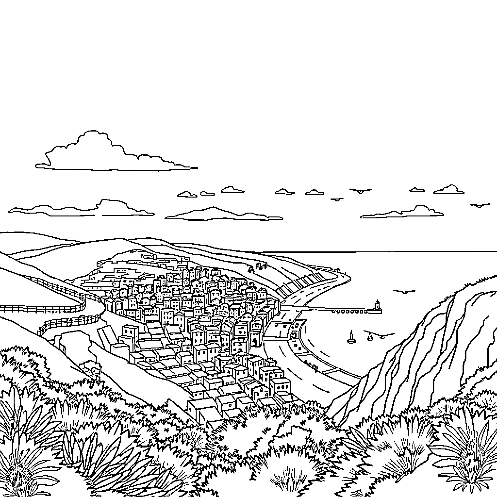Landscape of a coastal town nestled in the hills Coloring Page (free black-and-white line drawing printable PDF for all, from beginners to advanced learners, including children, teens, adults, and seniors)