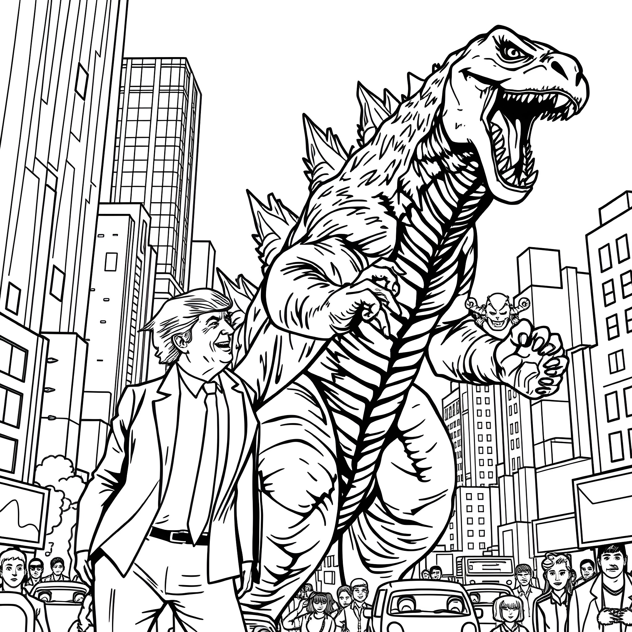 Godzilla Rampages Through the City with Chaos and Destruction Coloring Page (free black-and-white line drawing printable PDF for all, from beginners to advanced learners, including children, teens, adults, and seniors)