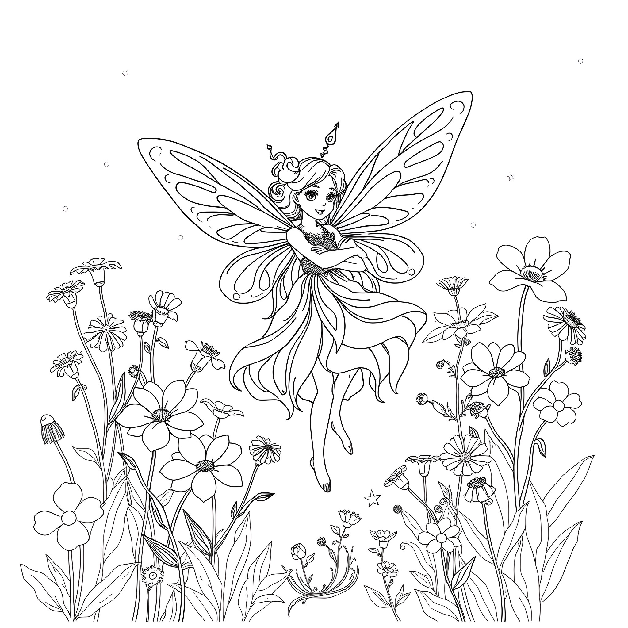 Fairy dancing amidst whimsical flowers in nature Coloring Page (free black-and-white line drawing printable PDF for all, from beginners to advanced learners, including children, teens, adults, and seniors)
