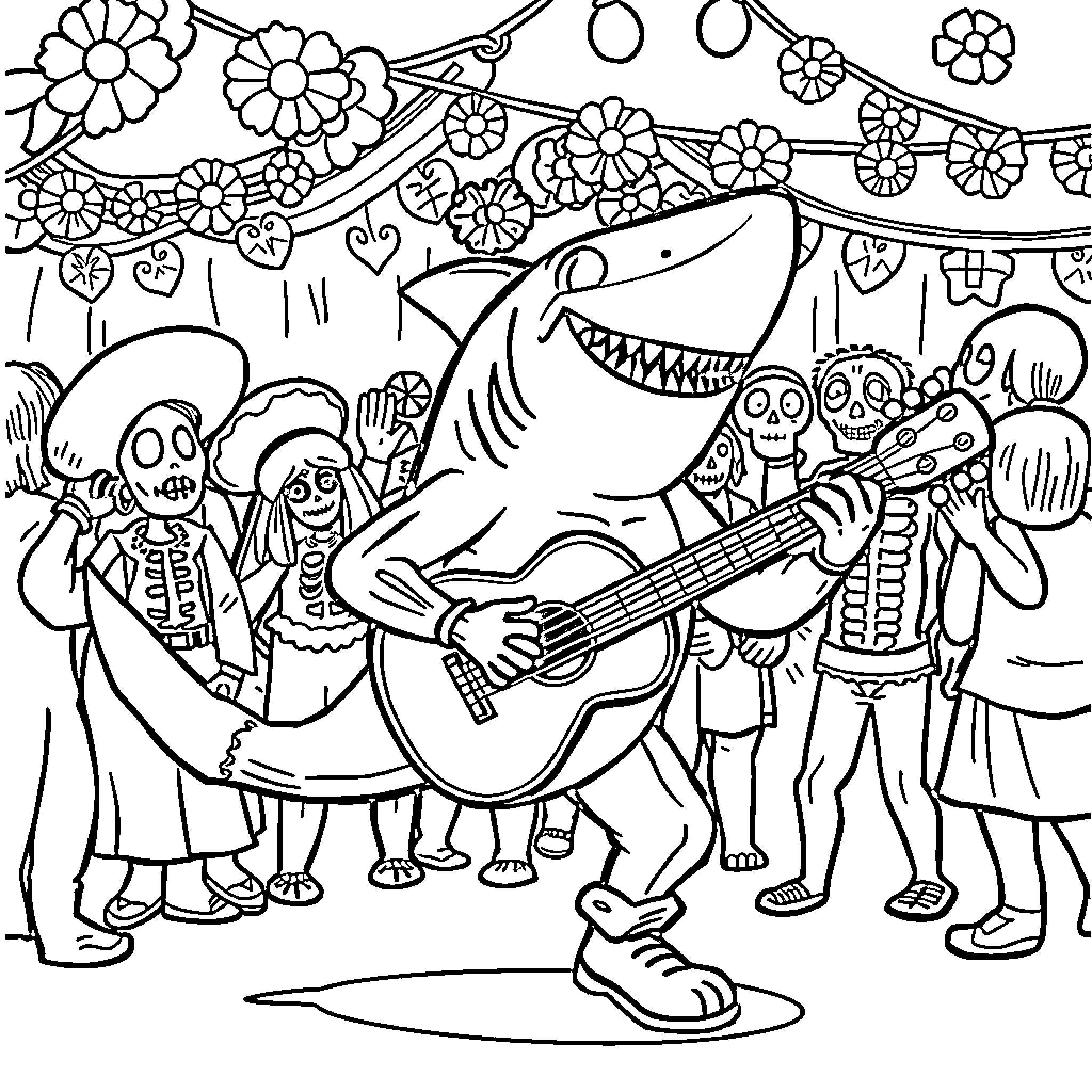 Shark playing guitar with skeletons at Dia de los Muertos Coloring Page (free black-and-white line drawing printable PDF for all, from beginners to advanced learners, including children, teens, adults, and seniors)