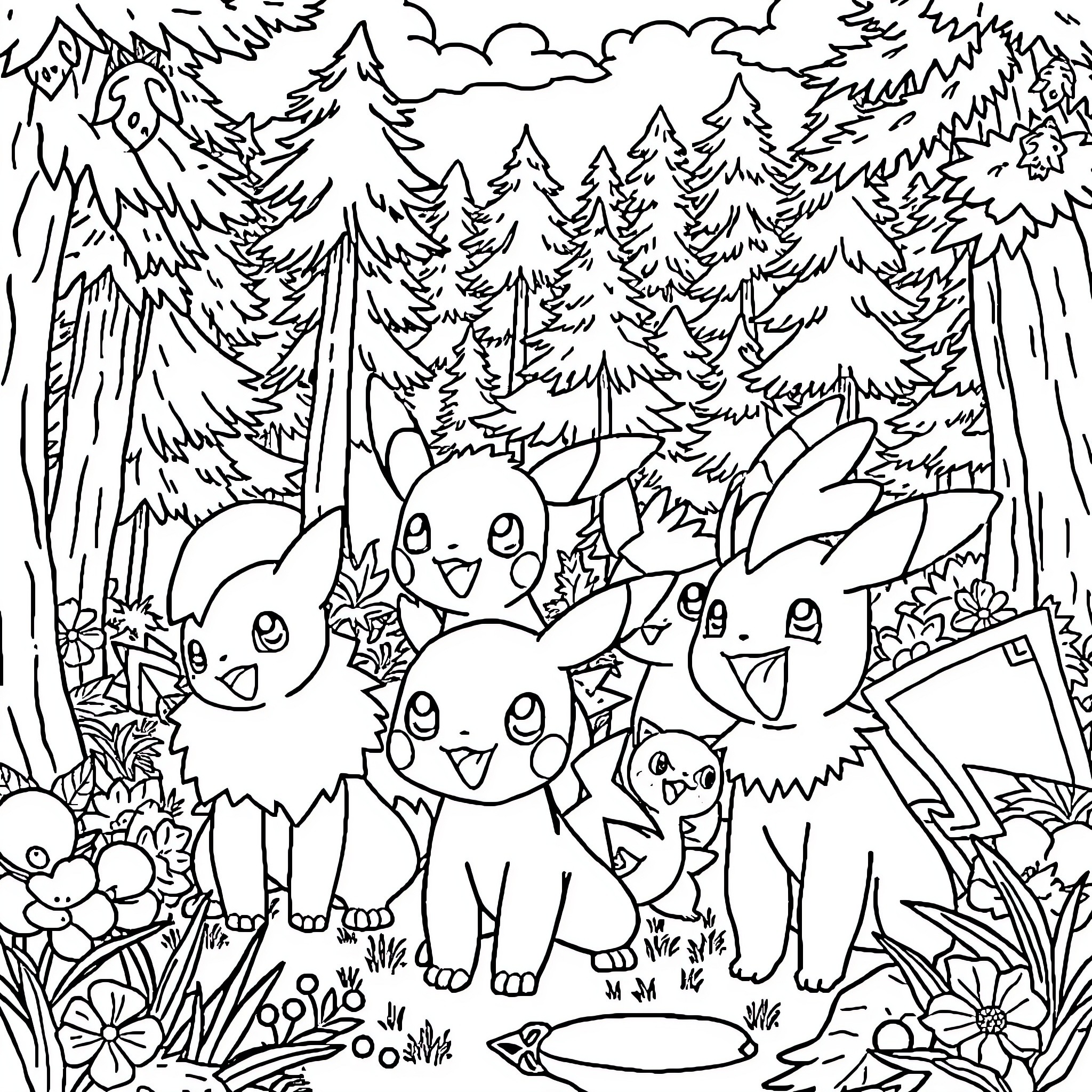 Pokémon Enjoying Playful Adventure in Enchanted Forest Coloring Page (free black-and-white line drawing printable PDF for all, from beginners to advanced learners, including children, teens, adults, and seniors)