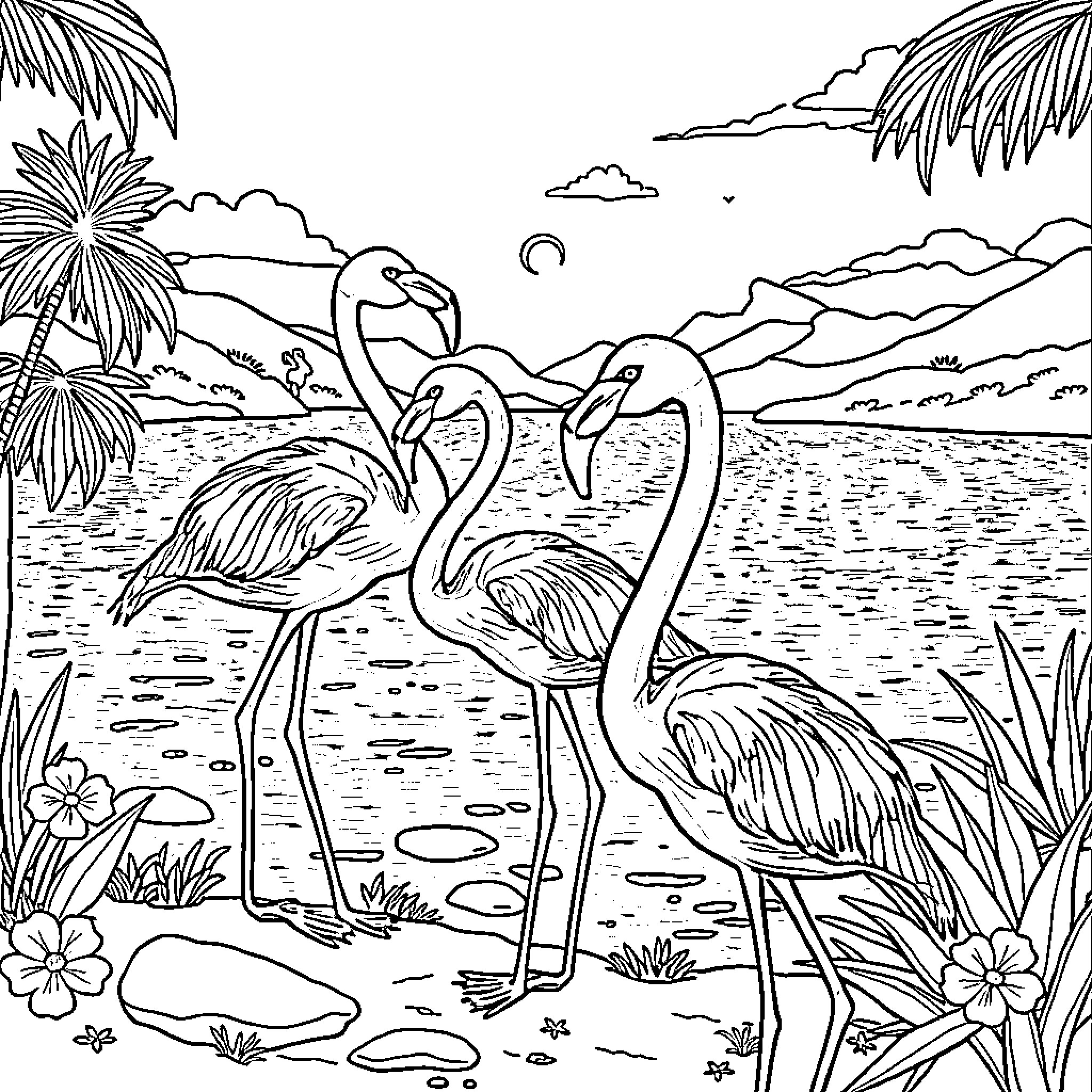 Flamingo Flock in Tropical Landscape Coloring Page (free black-and-white line drawing printable PDF for all, from beginners to advanced learners, including children, teens, adults, and seniors)