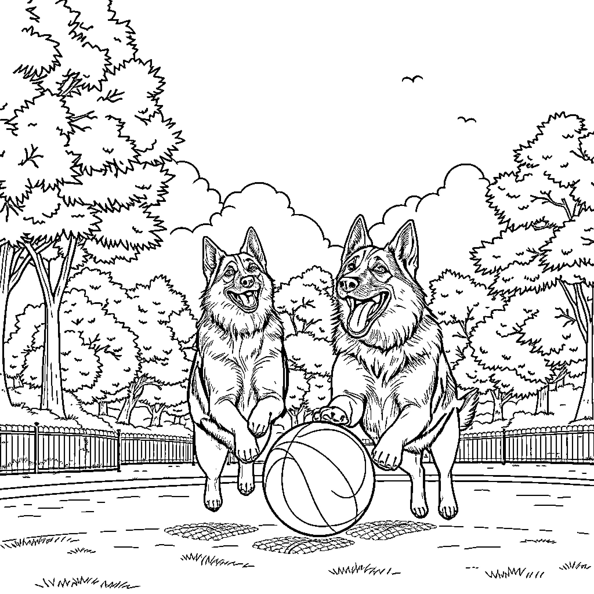 German Shepherd dogs playing with ball outdoors Coloring Page (free black-and-white line drawing printable PDF for all, from beginners to advanced learners, including children, teens, adults, and seniors)