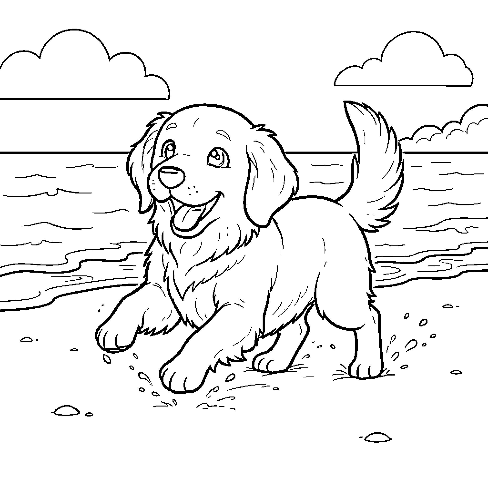 Golden Retriever running joyfully on the beach Coloring Page (free black-and-white line drawing printable PDF for all, from beginners to advanced learners, including children, teens, adults, and seniors)