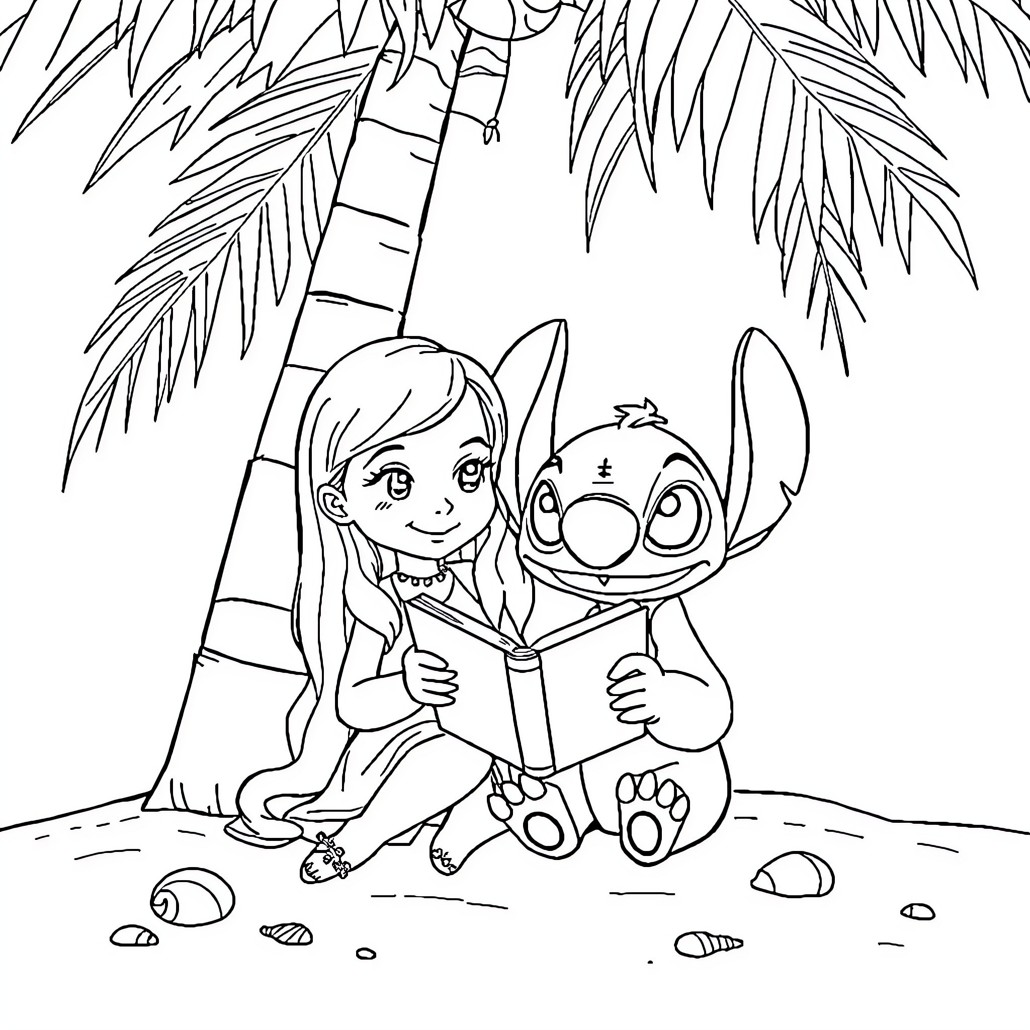 Girl reading book with playful creature Coloring Page (free black-and-white line drawing printable PDF for all, from beginners to advanced learners, including children, teens, adults, and seniors)