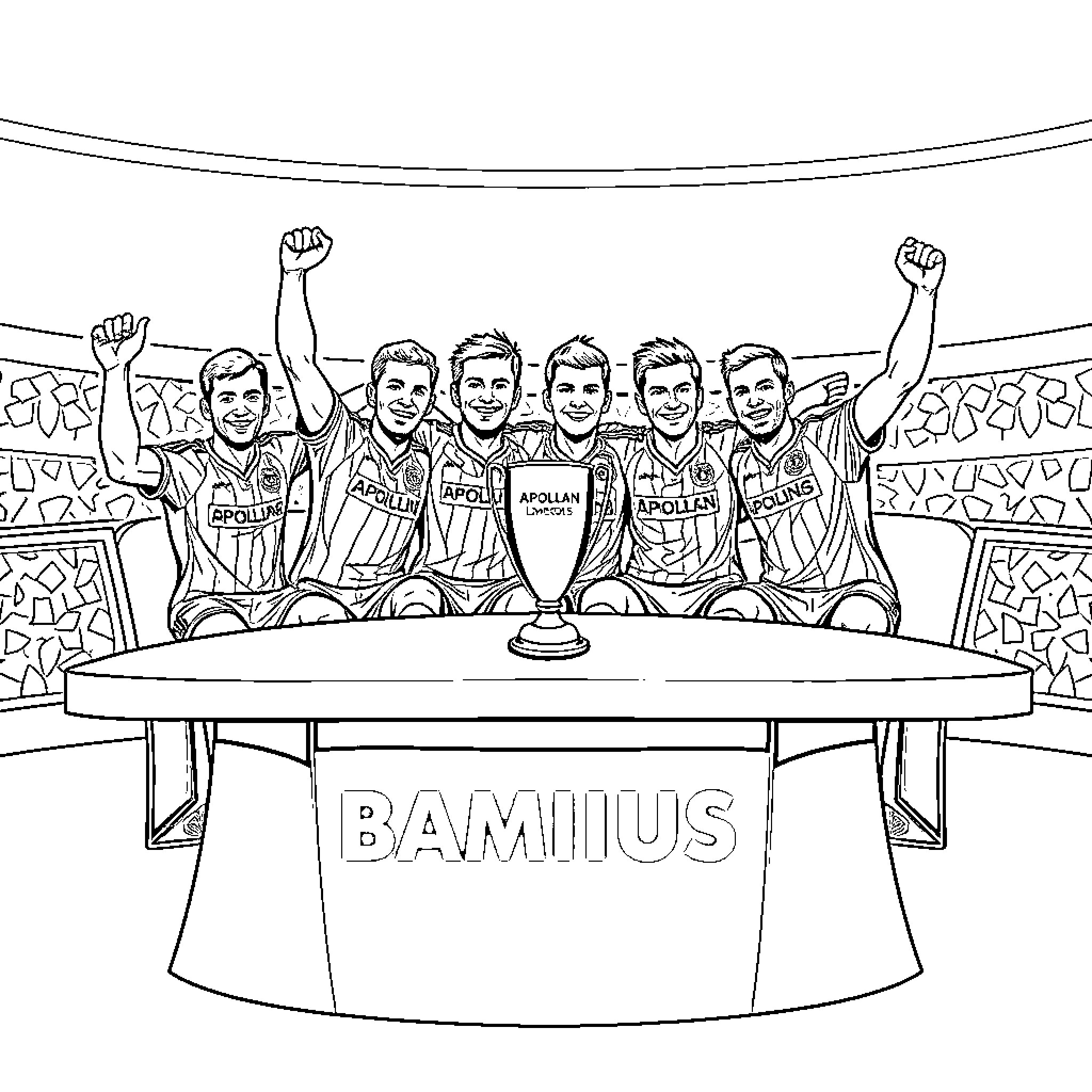 Football players celebrating their victory on the pitch Coloring Page (free black-and-white line drawing printable PDF for all, from beginners to advanced learners, including children, teens, adults, and seniors)