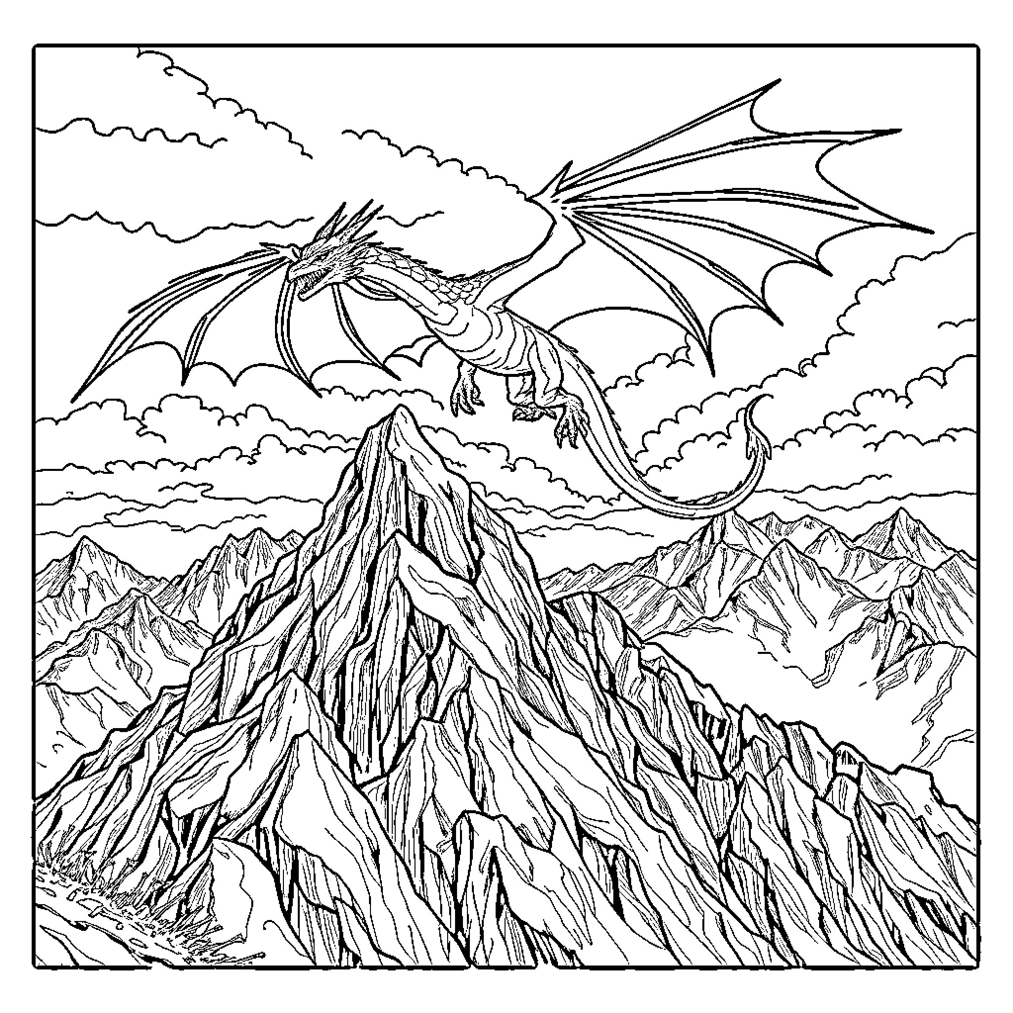 Dragon flying over rugged mountainous landscape Coloring Page (free black-and-white line drawing printable PDF for all, from beginners to advanced learners, including children, teens, adults, and seniors)