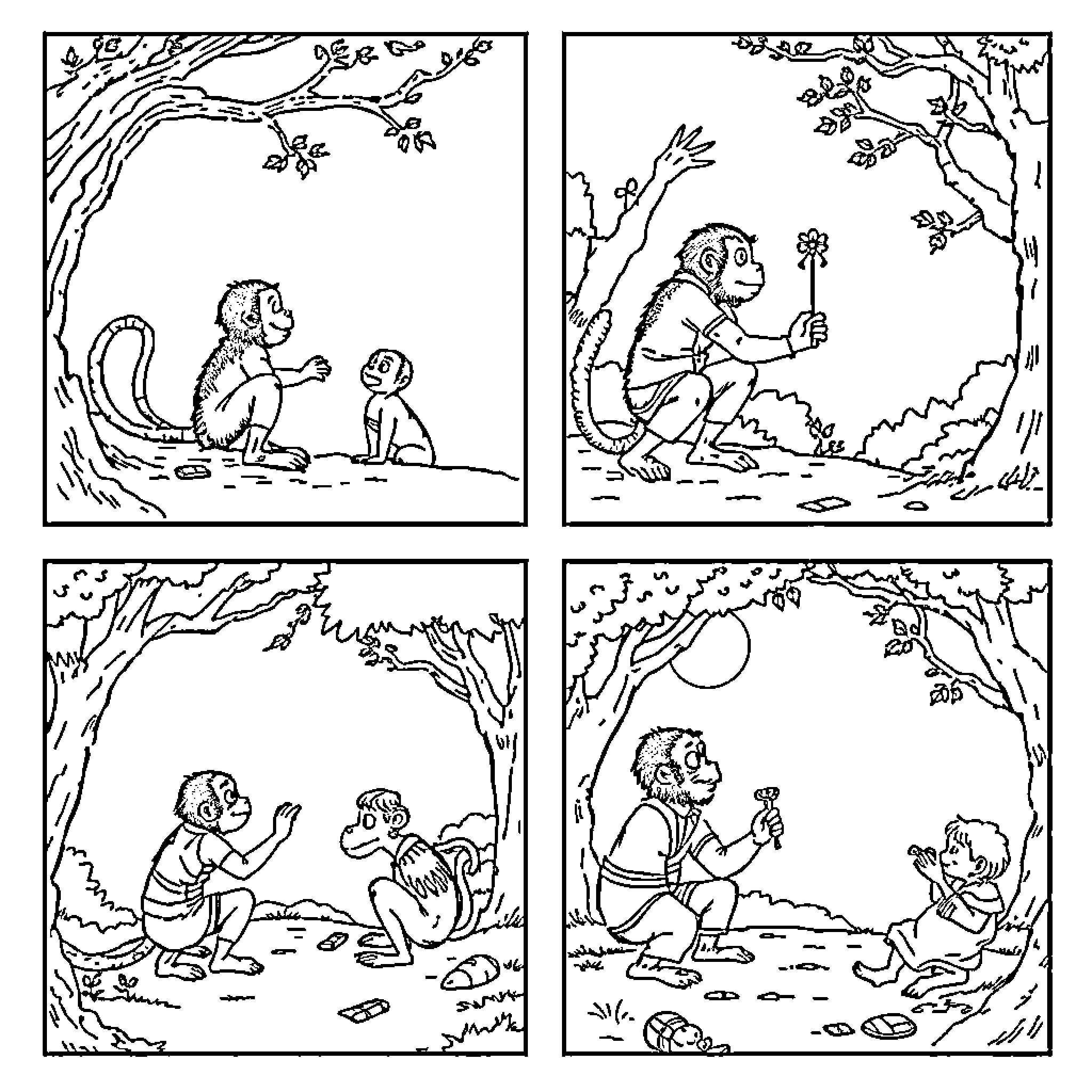 Monkeys exploring the forest in various scenes Coloring Page (free black-and-white line drawing printable PDF for all, from beginners to advanced learners, including children, teens, adults, and seniors)