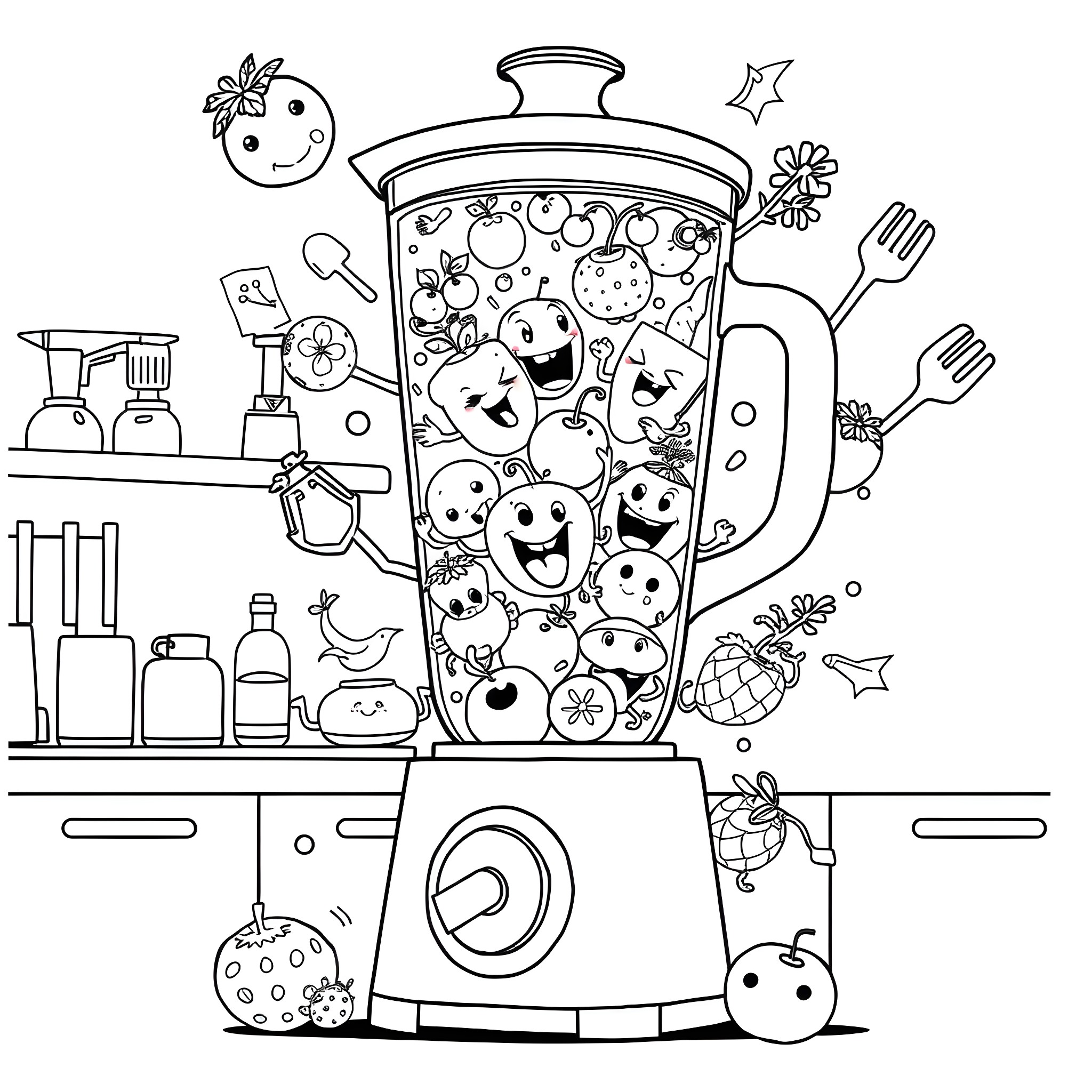 Blender filled with happy and lively fruits Coloring Page (free black-and-white line drawing printable PDF for all, from beginners to advanced learners, including children, teens, adults, and seniors)