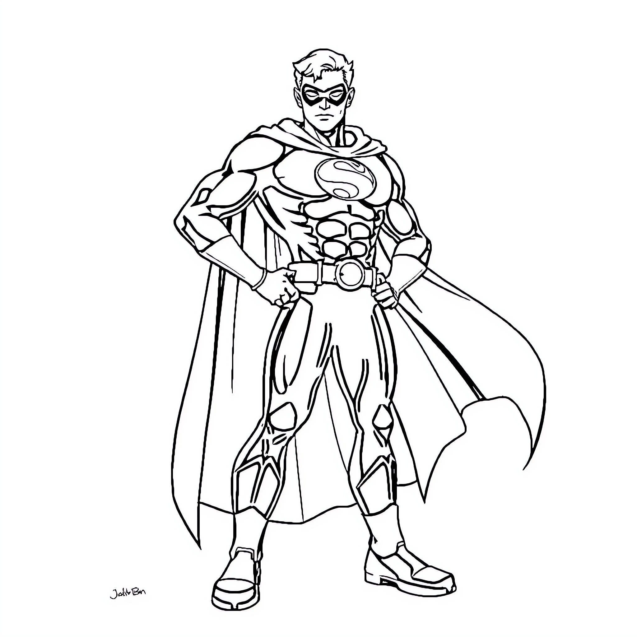 Super Hero in Heroic Stance with Costume Coloring Page (free black-and-white line drawing printable PDF for all, from beginners to advanced learners, including children, teens, adults, and seniors)