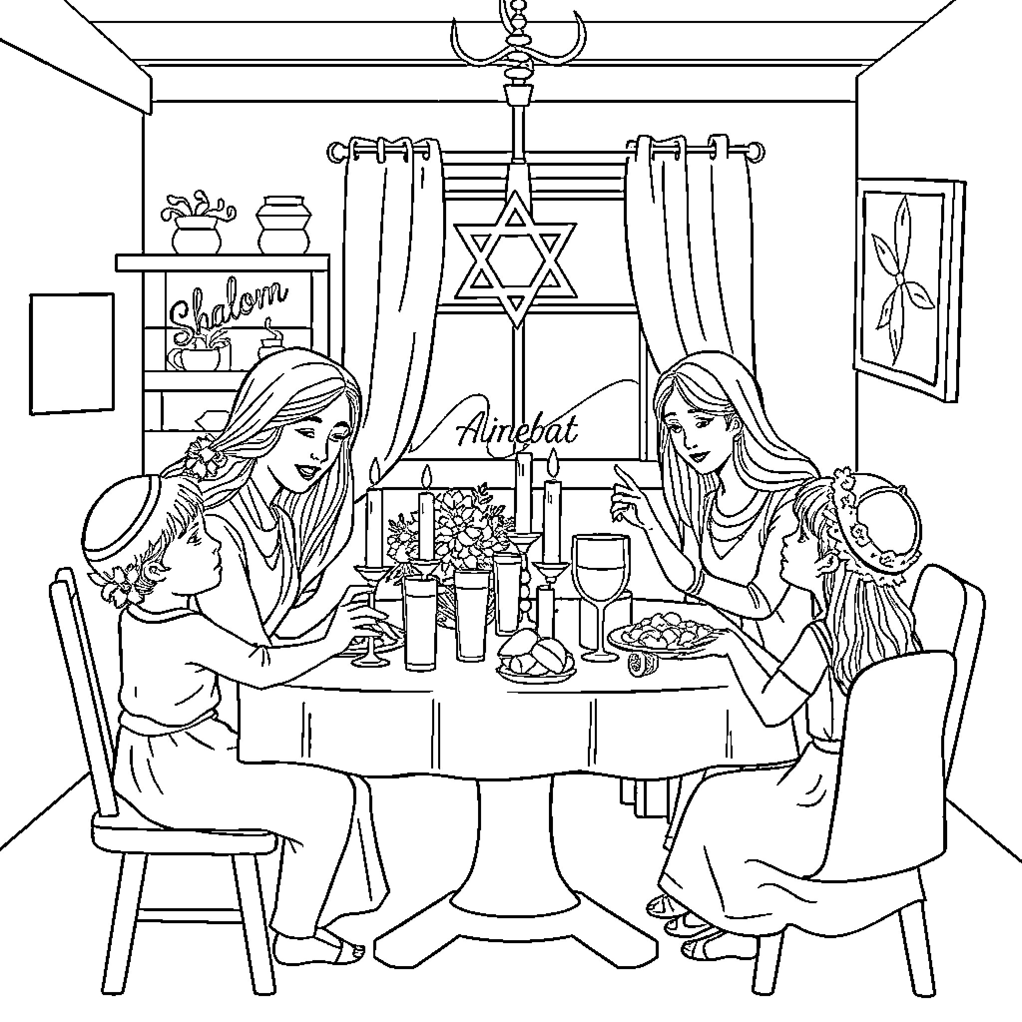 Shabat family gathering at the dining table Coloring Page (free black-and-white line drawing printable PDF for all, from beginners to advanced learners, including children, teens, adults, and seniors)
