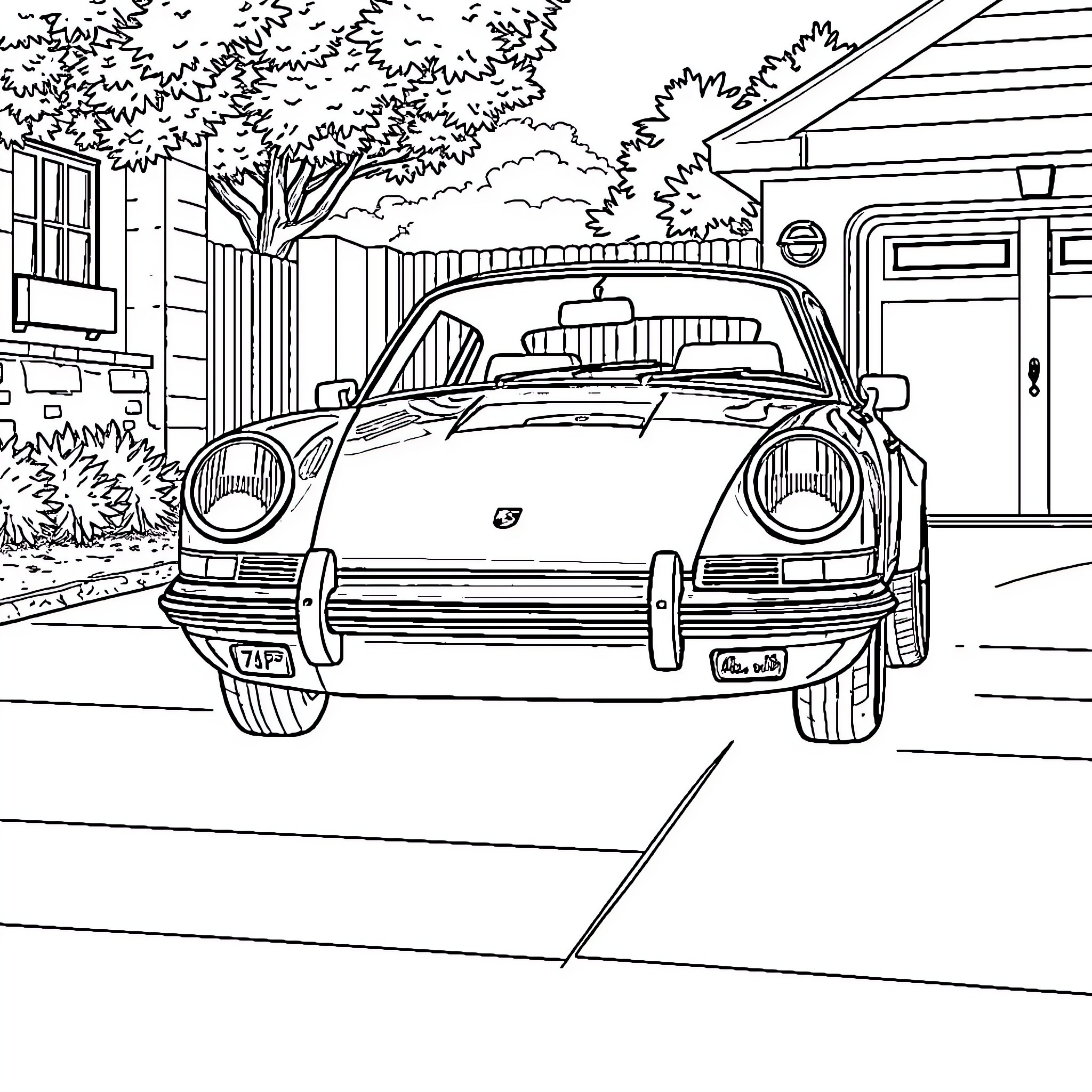 Porsche classic car parked in suburban setting Coloring Page (free black-and-white line drawing printable PDF for all, from beginners to advanced learners, including children, teens, adults, and seniors)