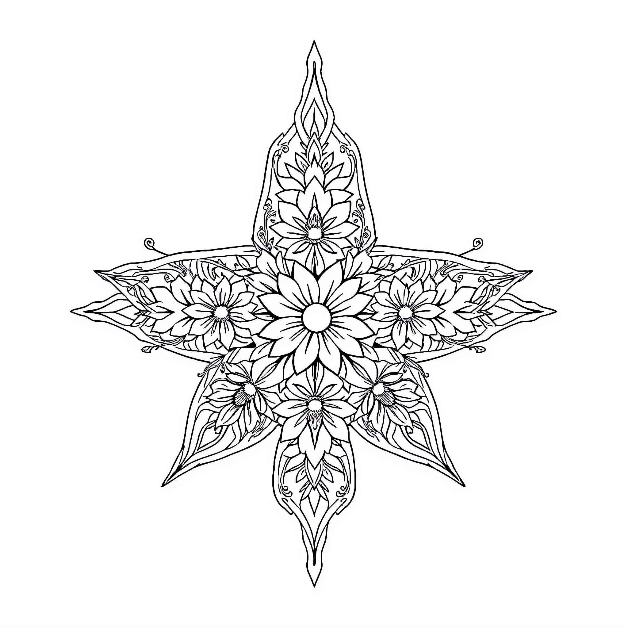 Pentagram of Floral Designs and Patterns Coloring Page (free black-and-white line drawing printable PDF for all, from beginners to advanced learners, including children, teens, adults, and seniors)