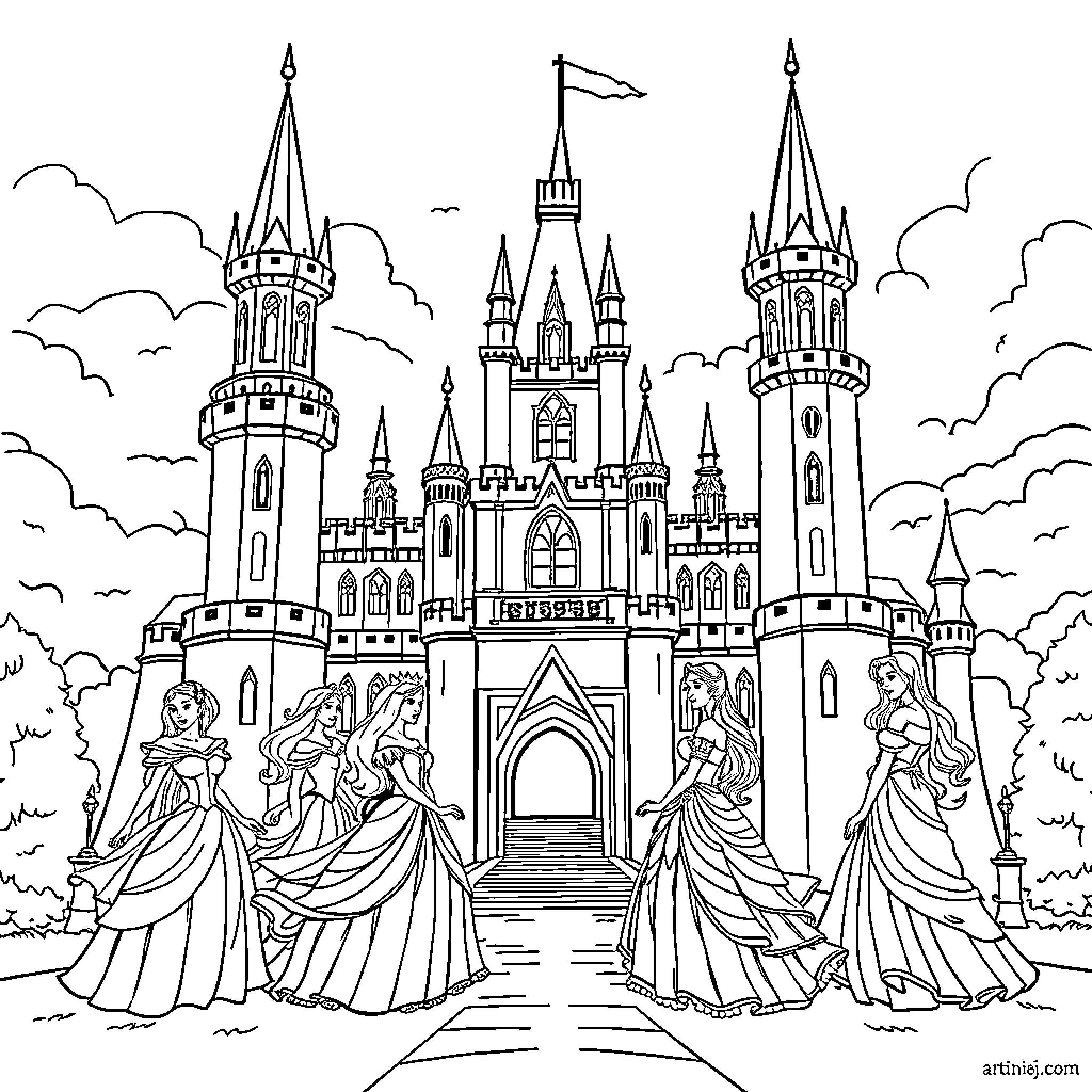 Castle with Elegant Princesses Attending a Majestic Occasion Coloring Page (free black-and-white line drawing printable PDF for all, from beginners to advanced learners, including children, teens, adults, and seniors)