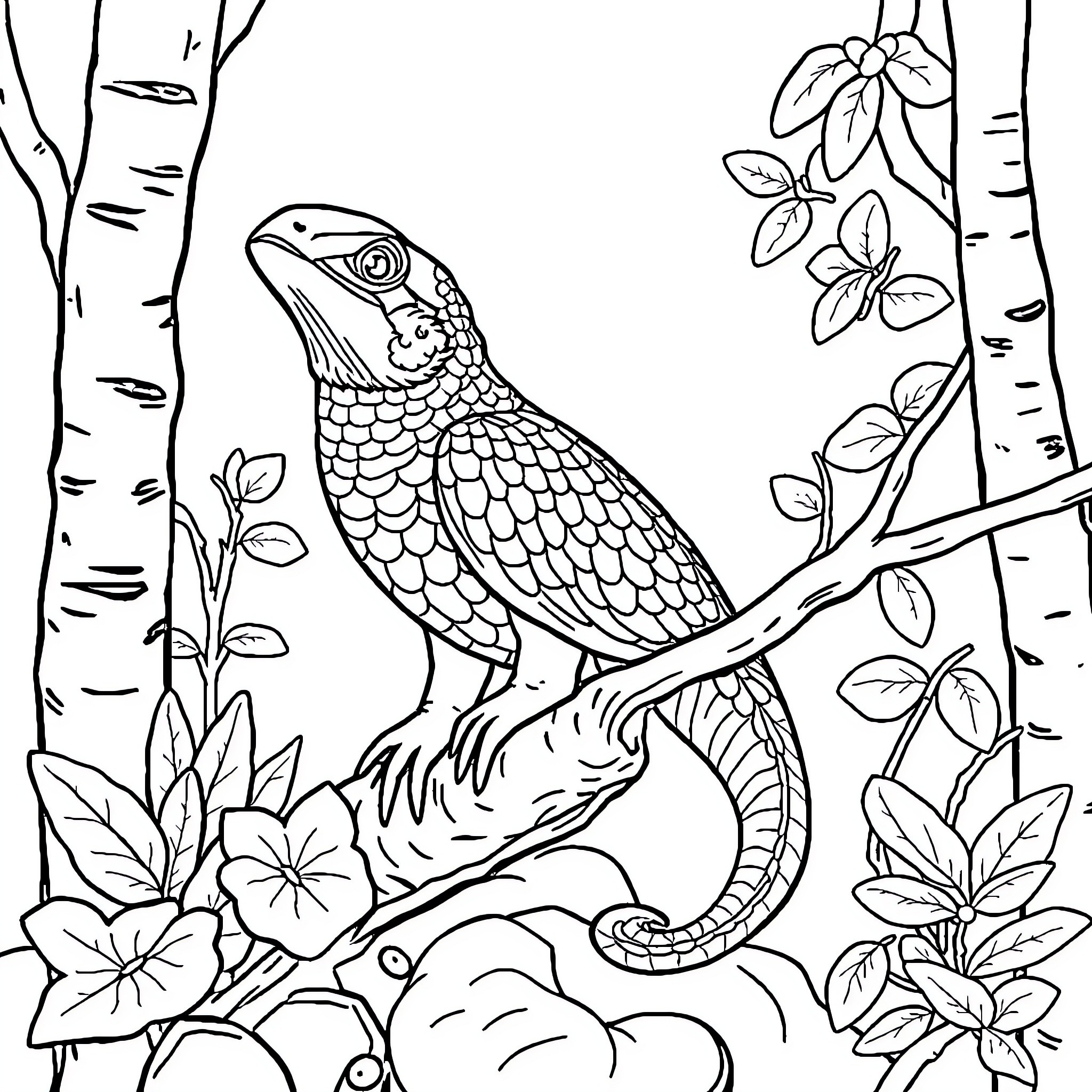 Naga Lizard Resting on Branches Coloring Page (free black-and-white line drawing printable PDF for all, from beginners to advanced learners, including children, teens, adults, and seniors)